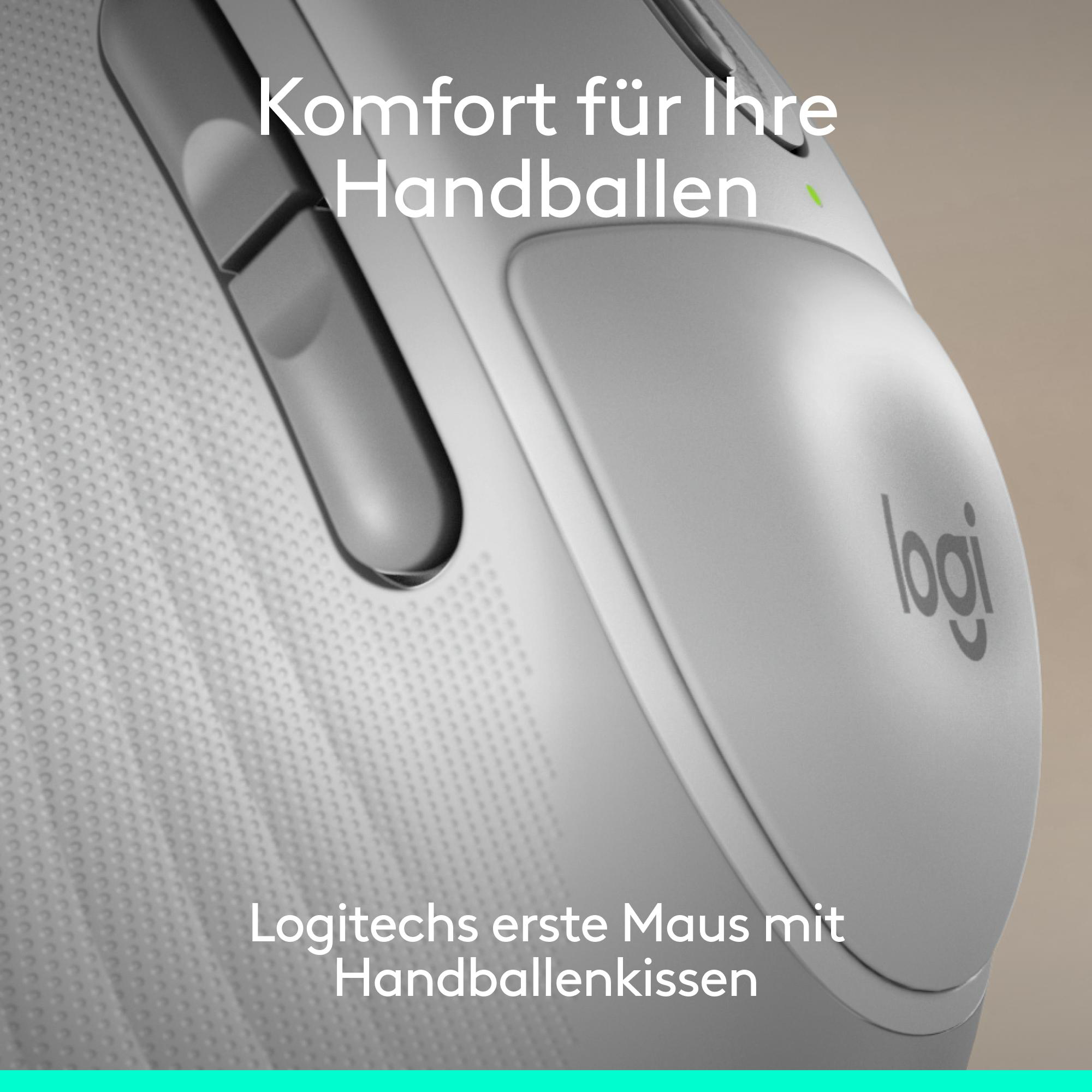 Eine weiße Logitech-Maus mit Text im Bild.