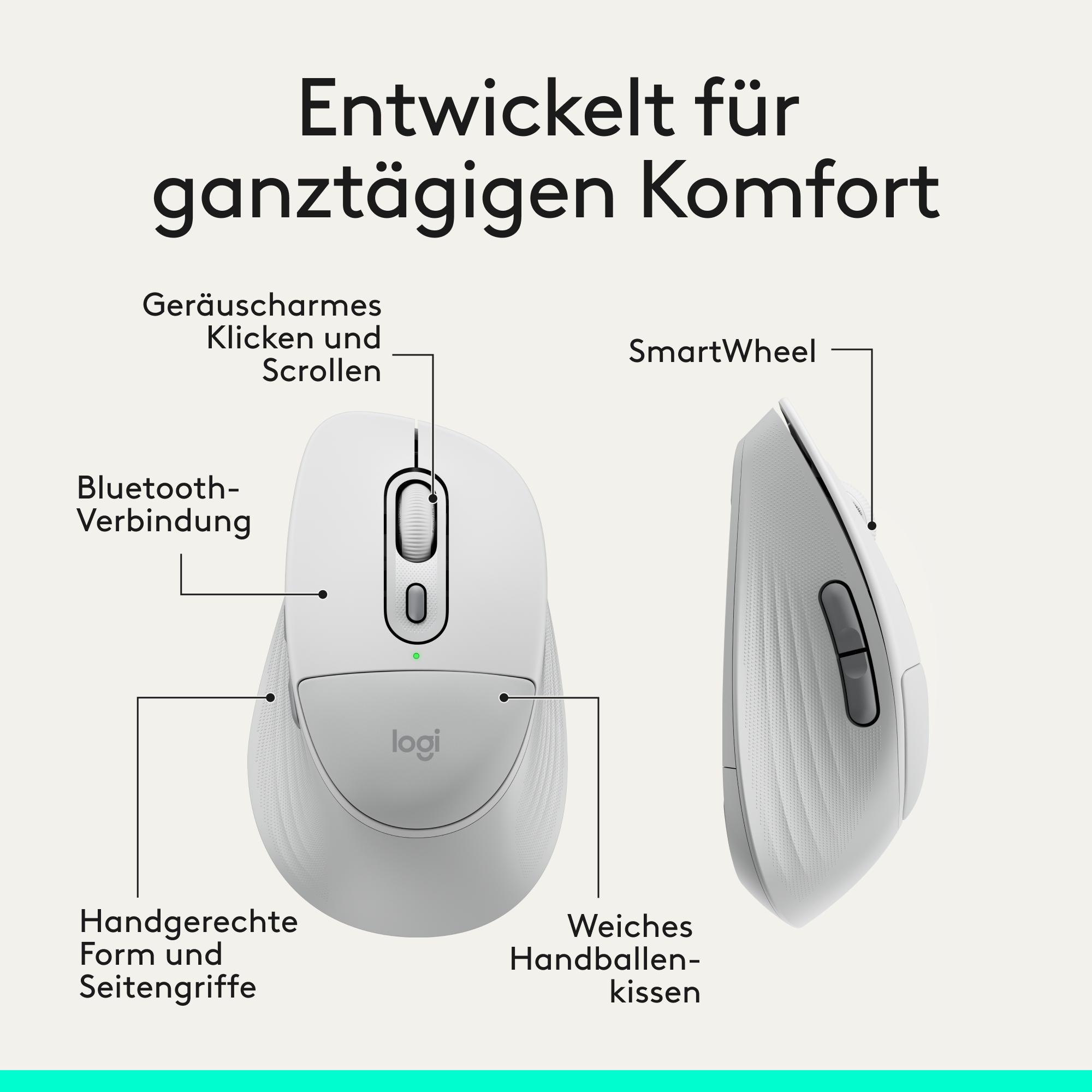Logitech Maus mit Fokus auf Komfort und Funktionen wie SmartWheel und Bluetooth.