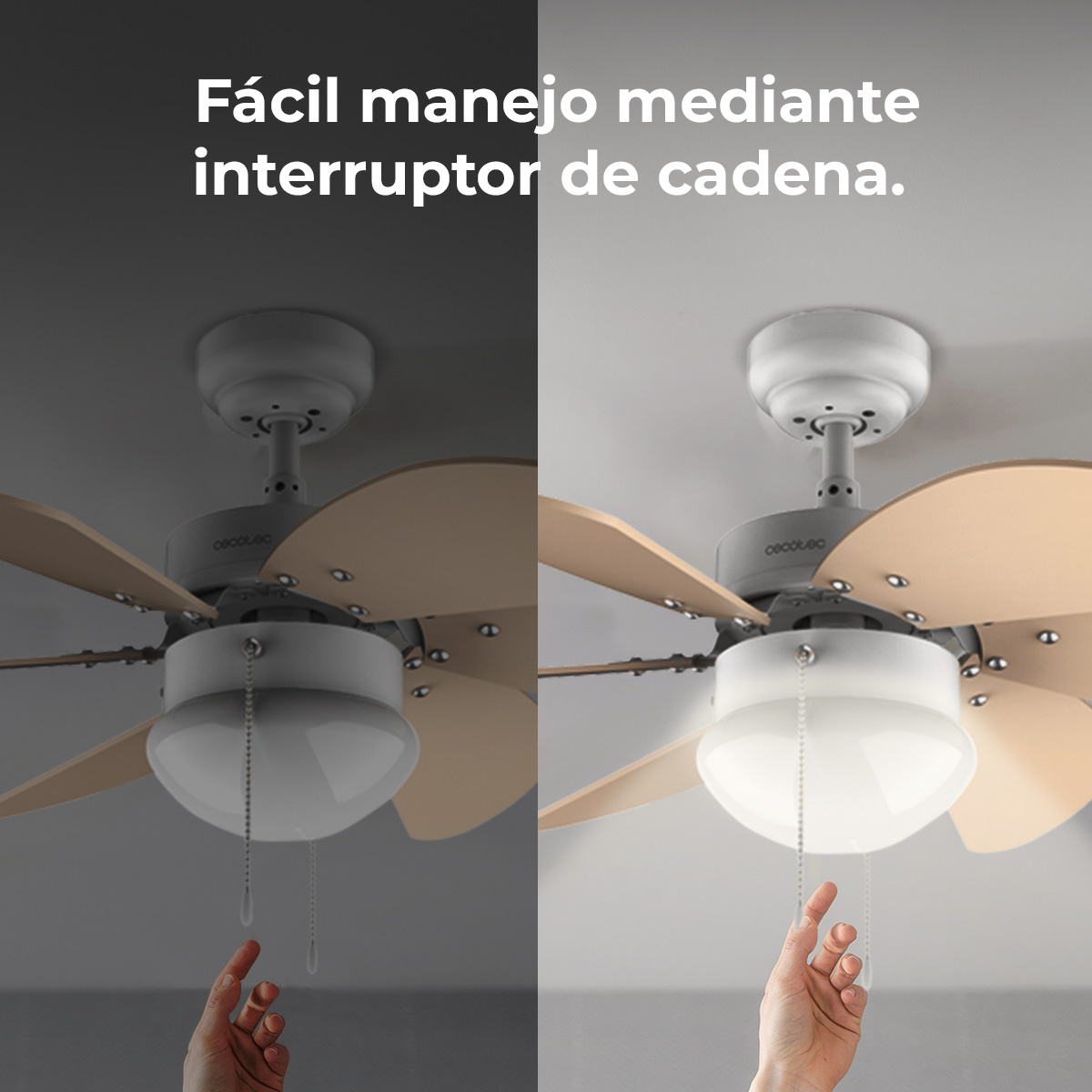 Ventilador de techo con cadena: un lado oscuro, un lado iluminado.