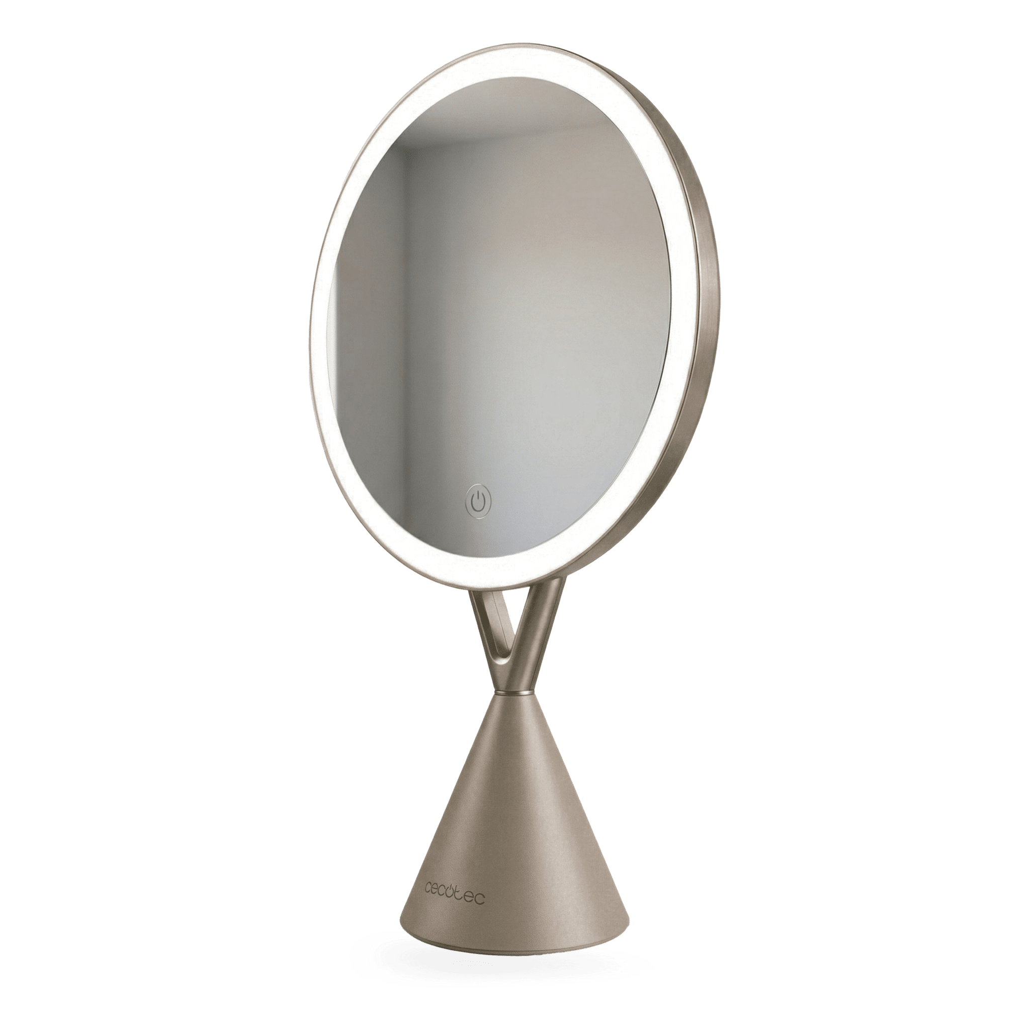 Un espejo de maquillaje redondo con iluminación LED y base cónica.