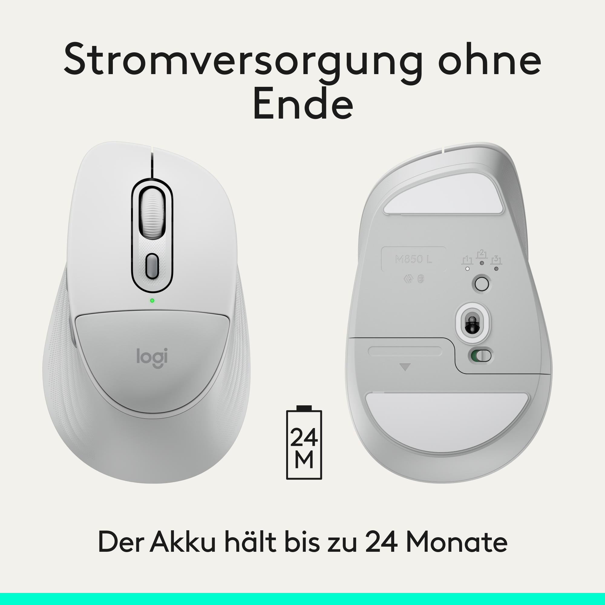 Weiße Logitech-Maus, Ober- und Unteransicht. Akkusymbol zeigt 24 Monate.