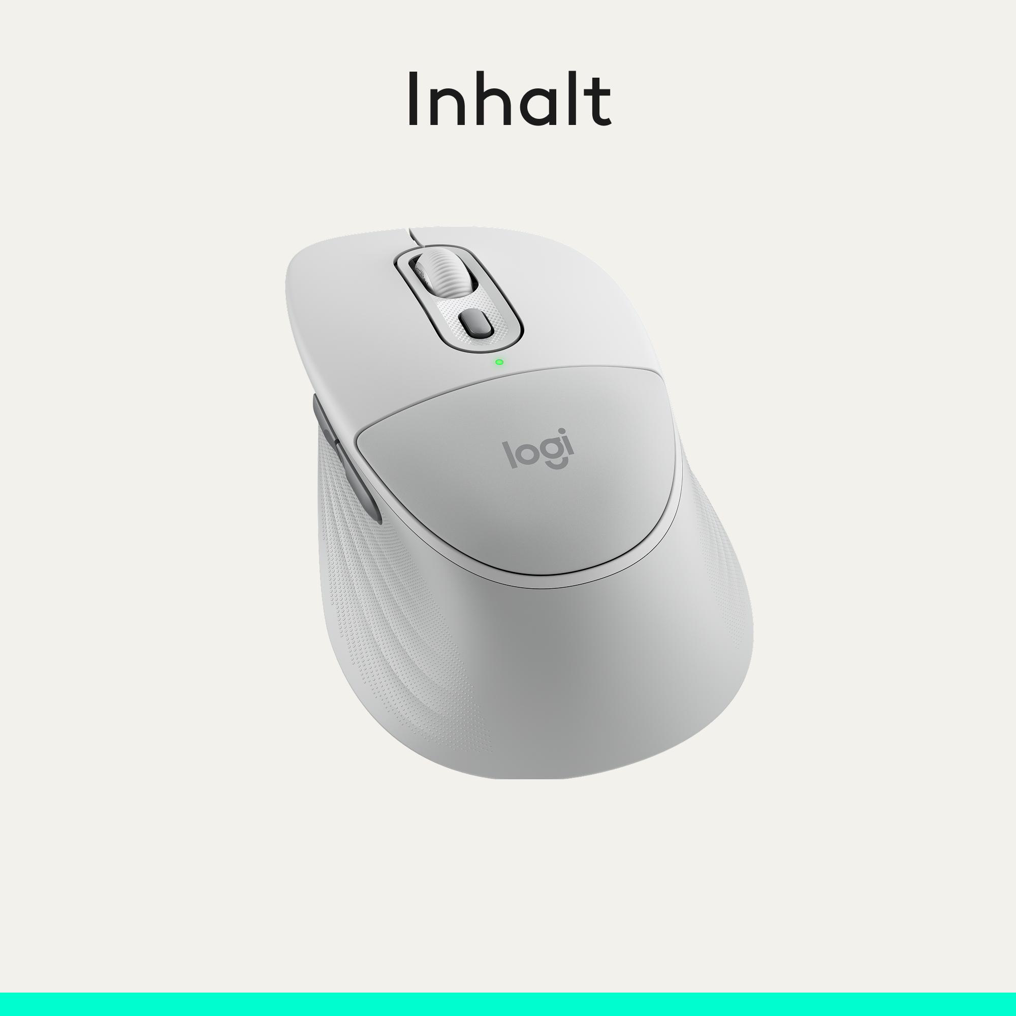 Eine weiße Logitech-Maus mit Scrollrad und zwei Tasten.