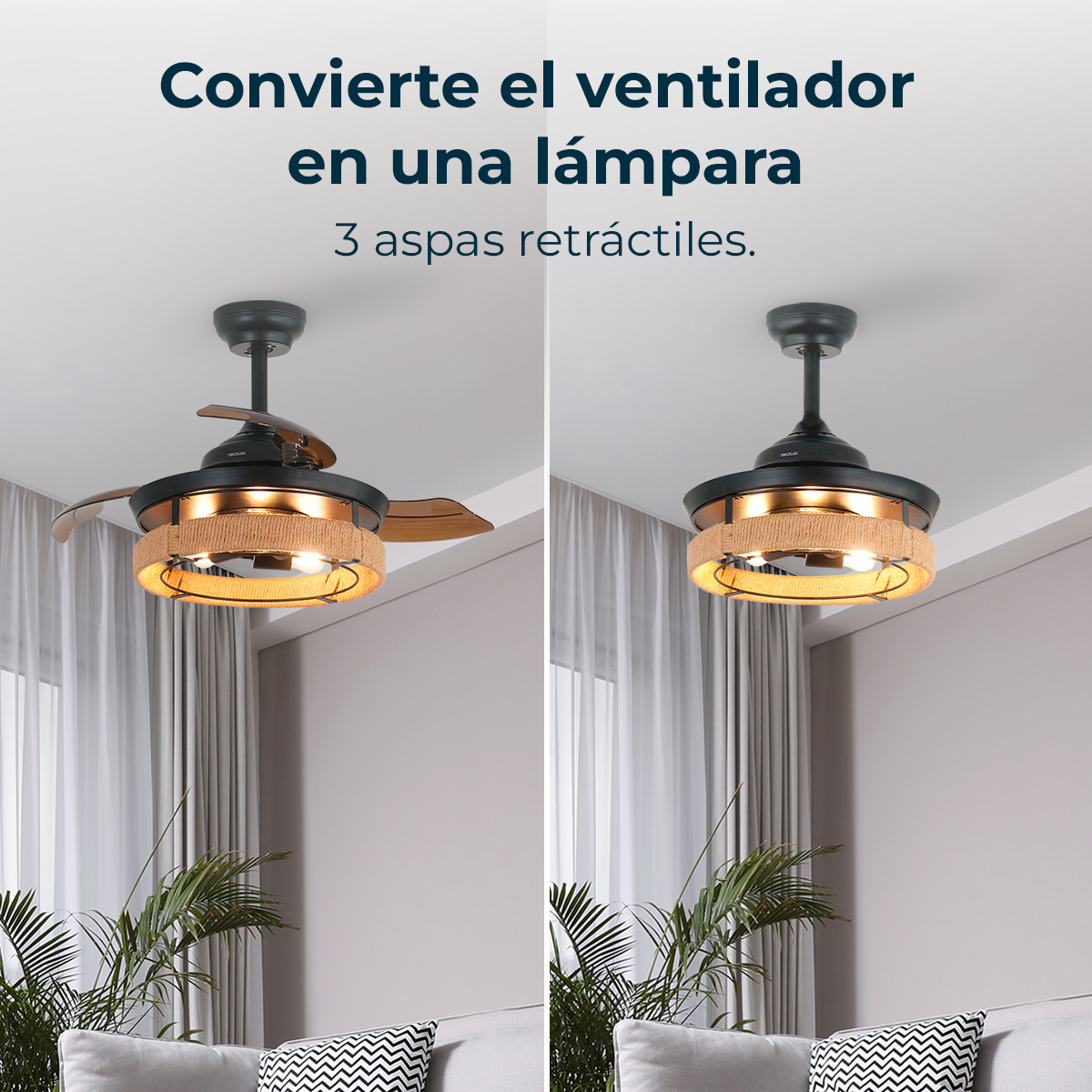 Ventilador de techo con aspas retráctiles y función de lámpara.