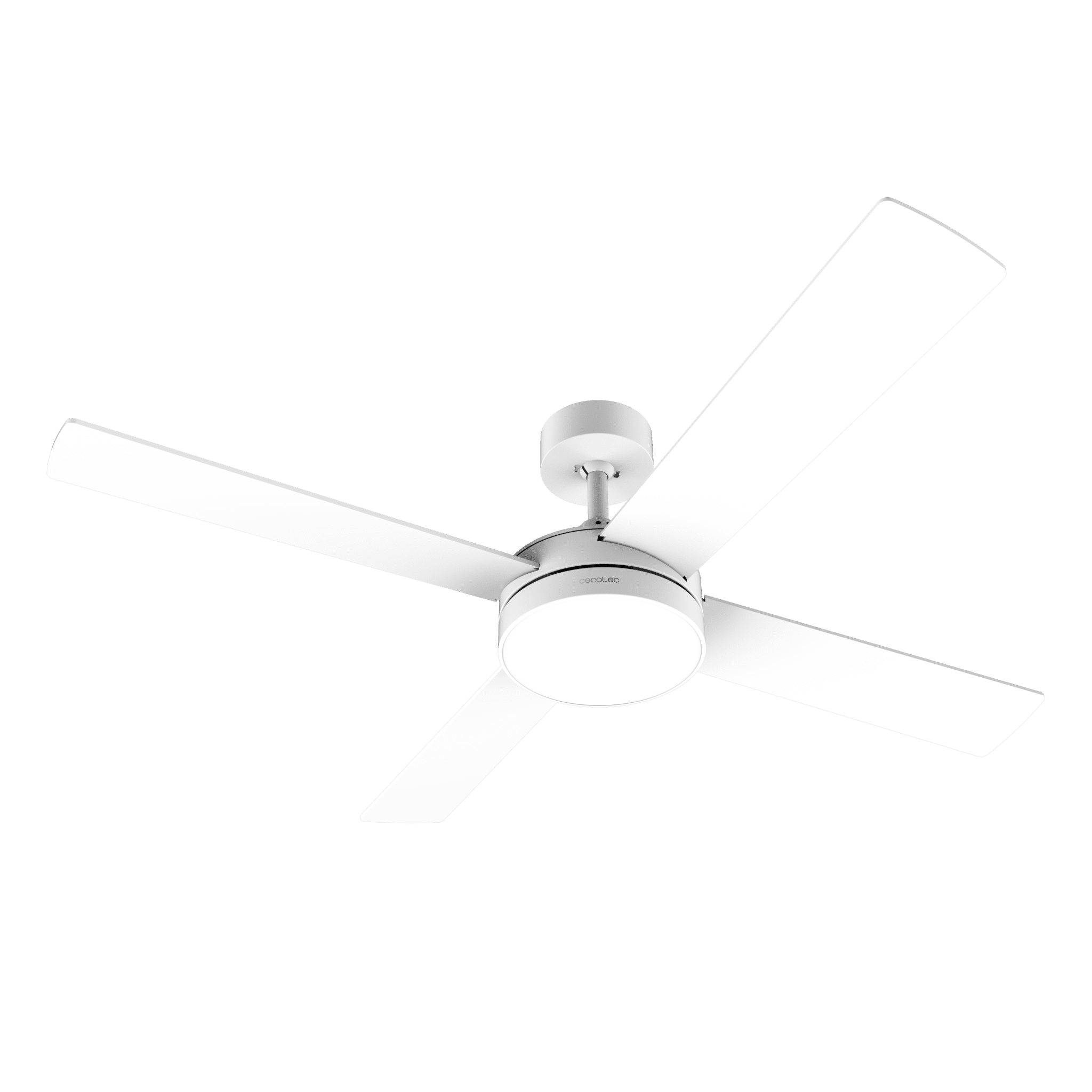 Un moderno ventilador de techo blanco con cuatro aspas y luz integrada.