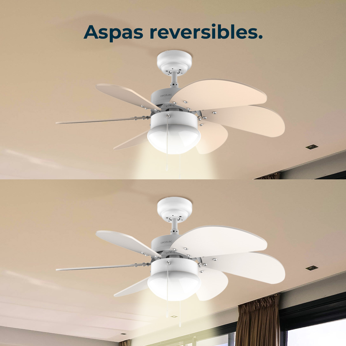 Dos ventiladores de techo blancos con luces, uno encima del otro.