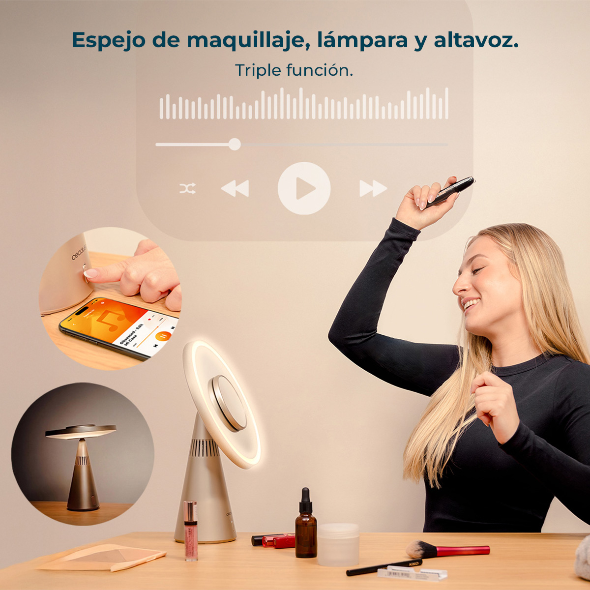 Una mujer baila ante un espejo iluminado con maquillaje y un altavoz.