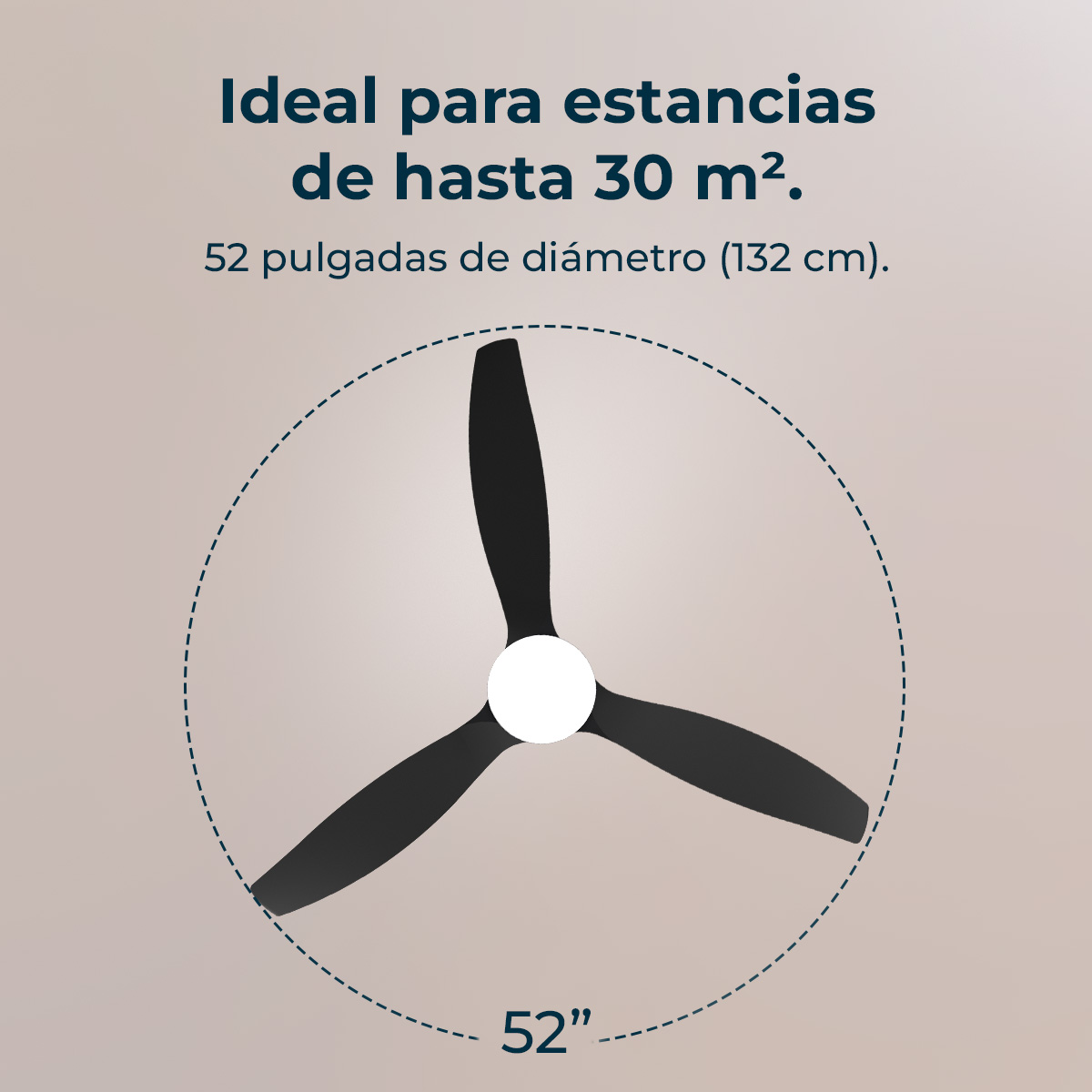 Ventilador de techo negro con 3 aspas, 52 pulgadas de diámetro.