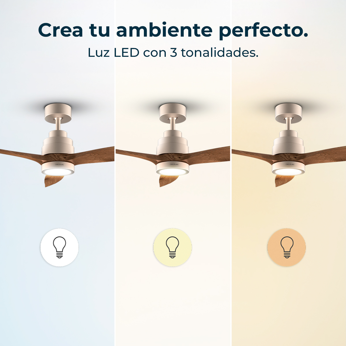 Ventilador de techo con tres tonos de luz LED: blanco, amarillo y naranja.