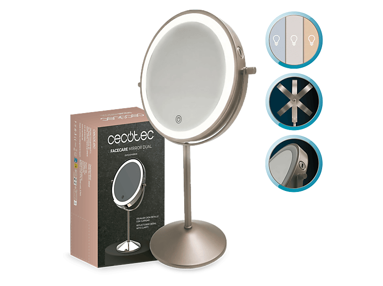 Espejo lumínico - Cecotec FaceCare Mirror Dual, 360º, Aumento 10x, Luz LED 3 intensidades, Botón táctil, Batería 2000 mAh y carga USB-C, Multicolor