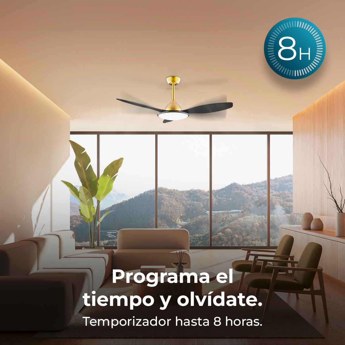Un ventilador de techo con un icono de temporizador sobre una sala de estar.
