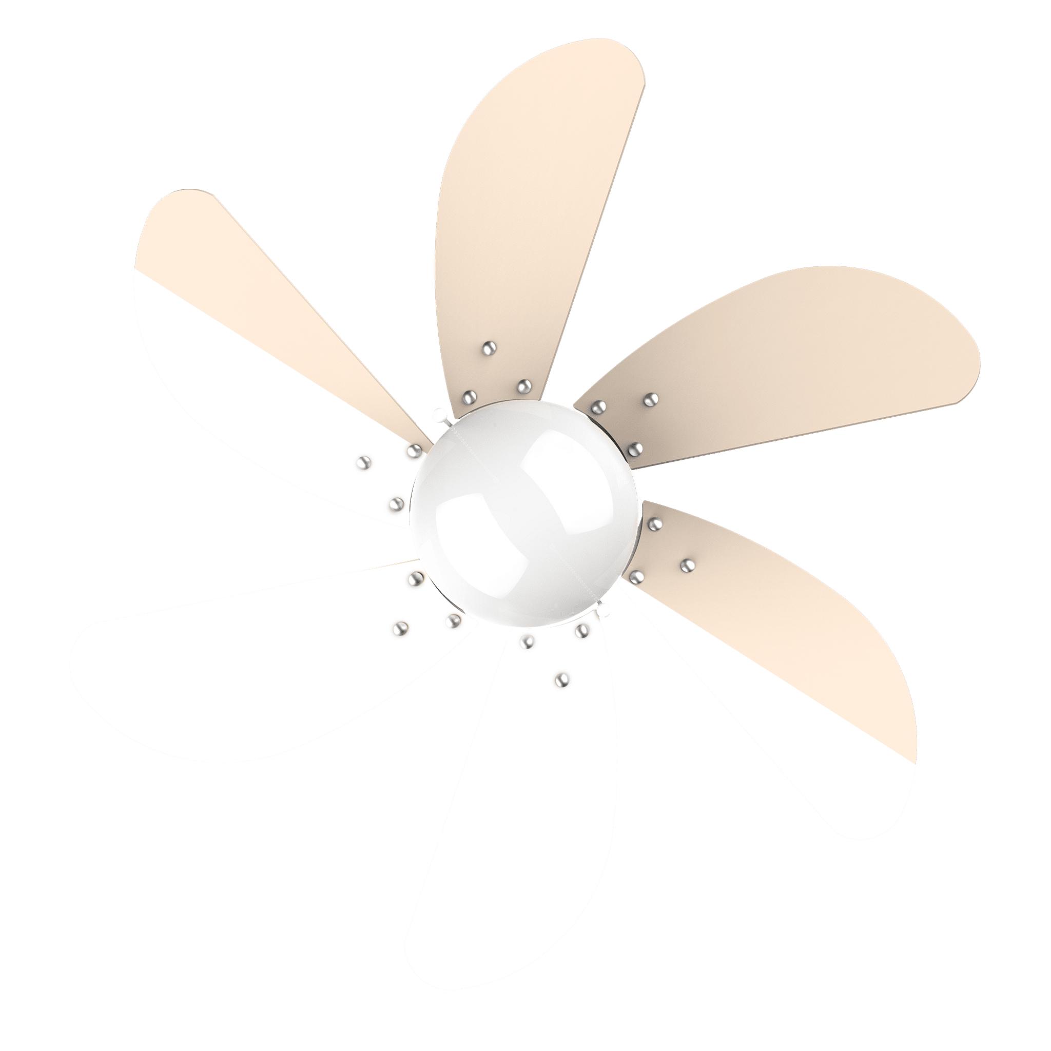 Un ventilador de techo con seis aspas, marrón claro y blanco, con esfera central.
