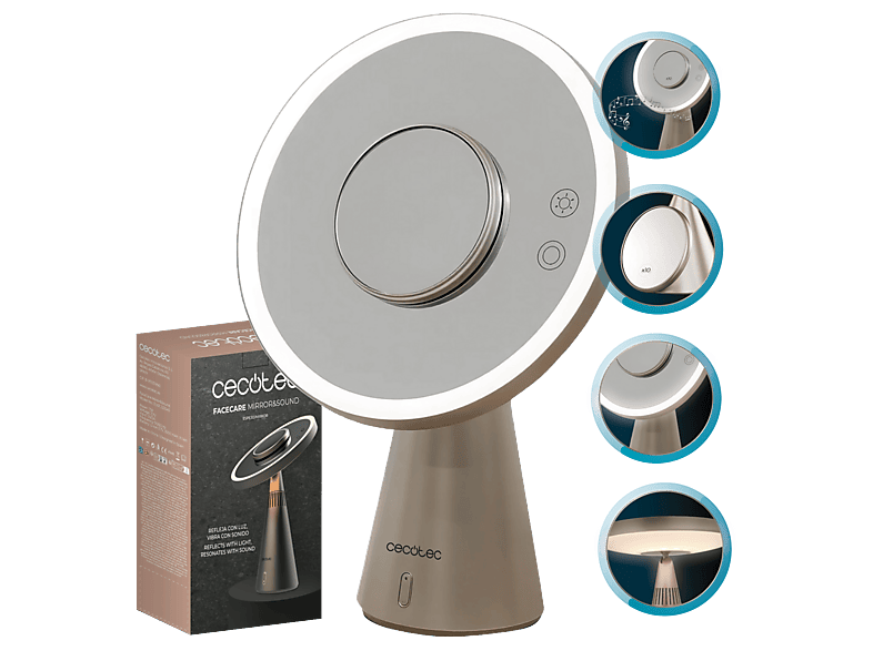 Espejo lumínico - Cecotec FaceCare Mirror&Sound, 3 en 1 con lámpara y altavoz Bluetooth, Aumento 10x, luz LED intensidades, Carga USB-C, Plata