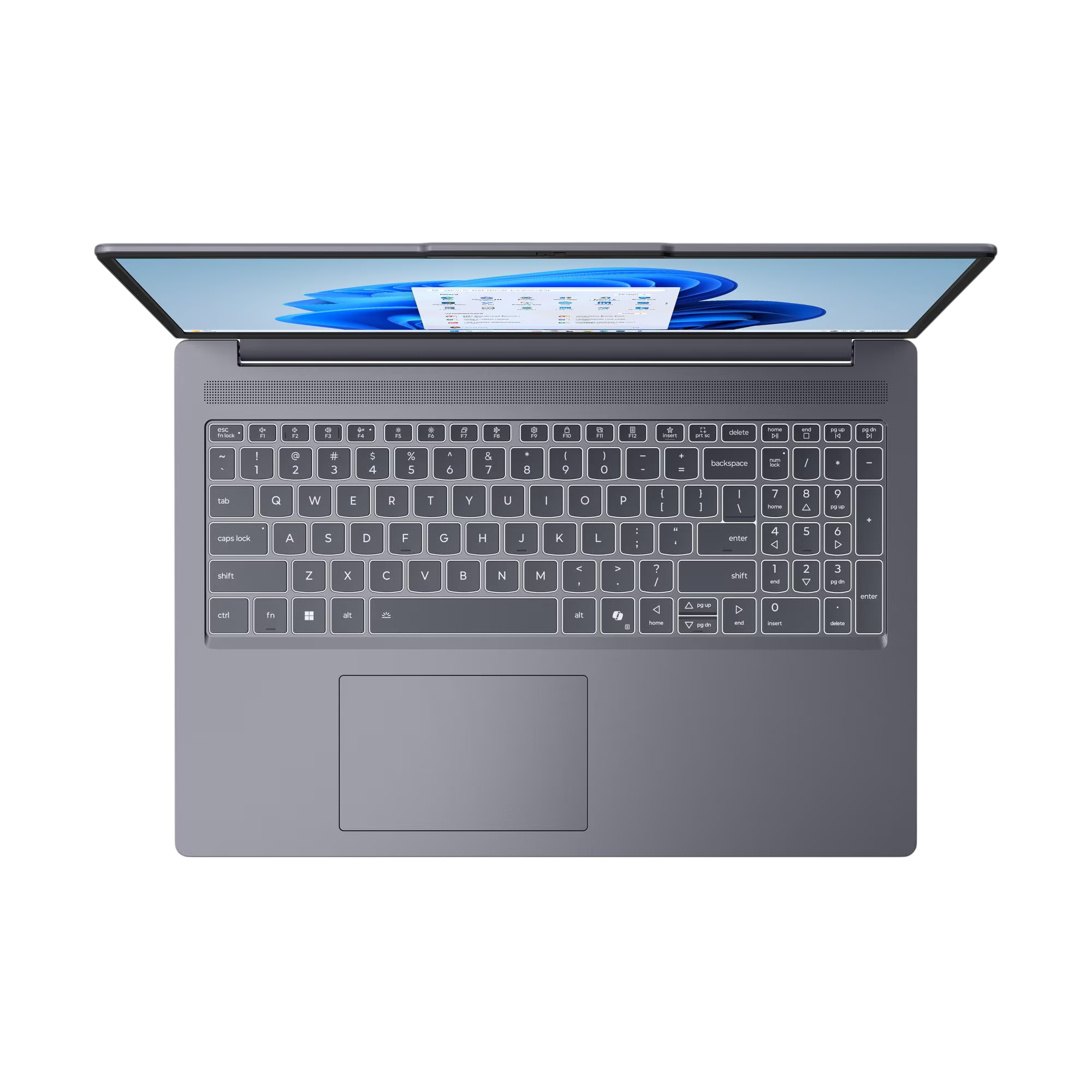 Grauer Laptop mit geöffnetem Bildschirm, der das Windows 11-Betriebssystem anzeigt.