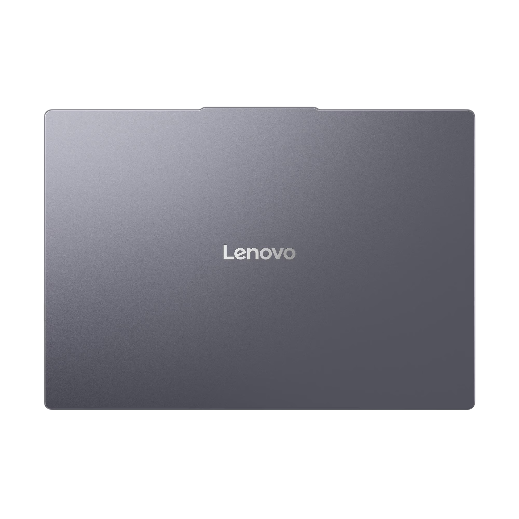 Grauer Laptop mit Lenovo-Logo auf schwarzem Hintergrund.
