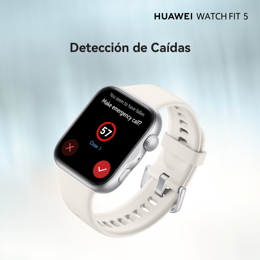 Huawei Watch Fit 5 con detección de caídas que sugiere llamada de emergencia.