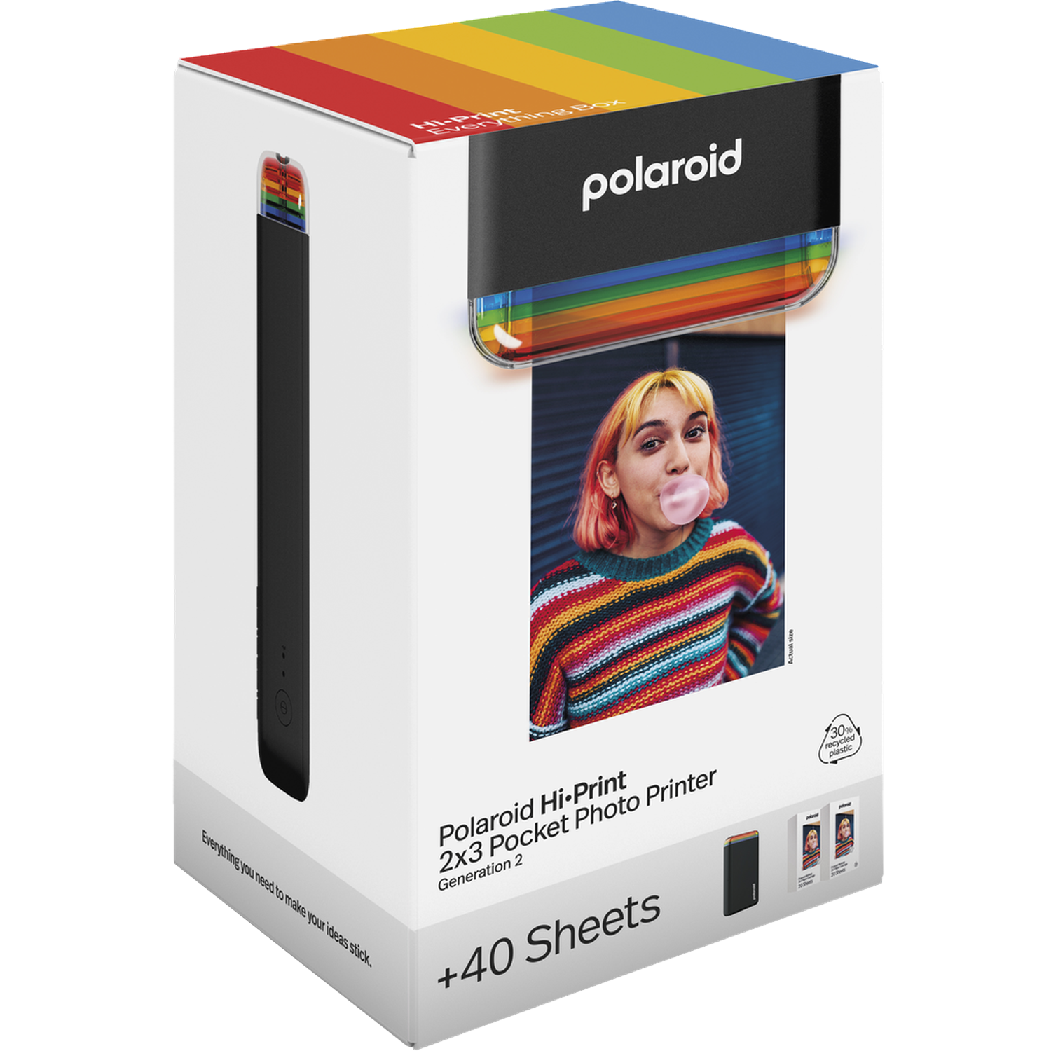 Boîte d'imprimante Polaroid Hi-Print avec dessus arc-en-ciel. Montre une fille soufflant des bulles.