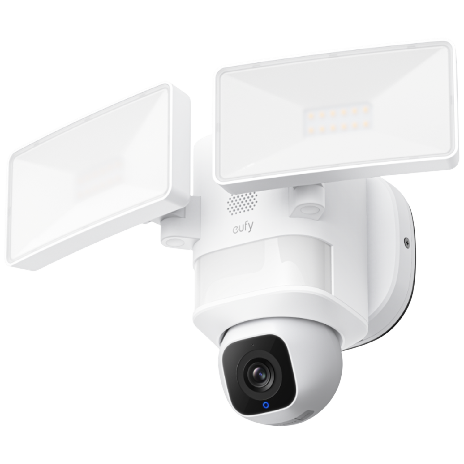 Een witte Eufy beveiligingscamera met twee LED-lampen en een bewegingsmelder.