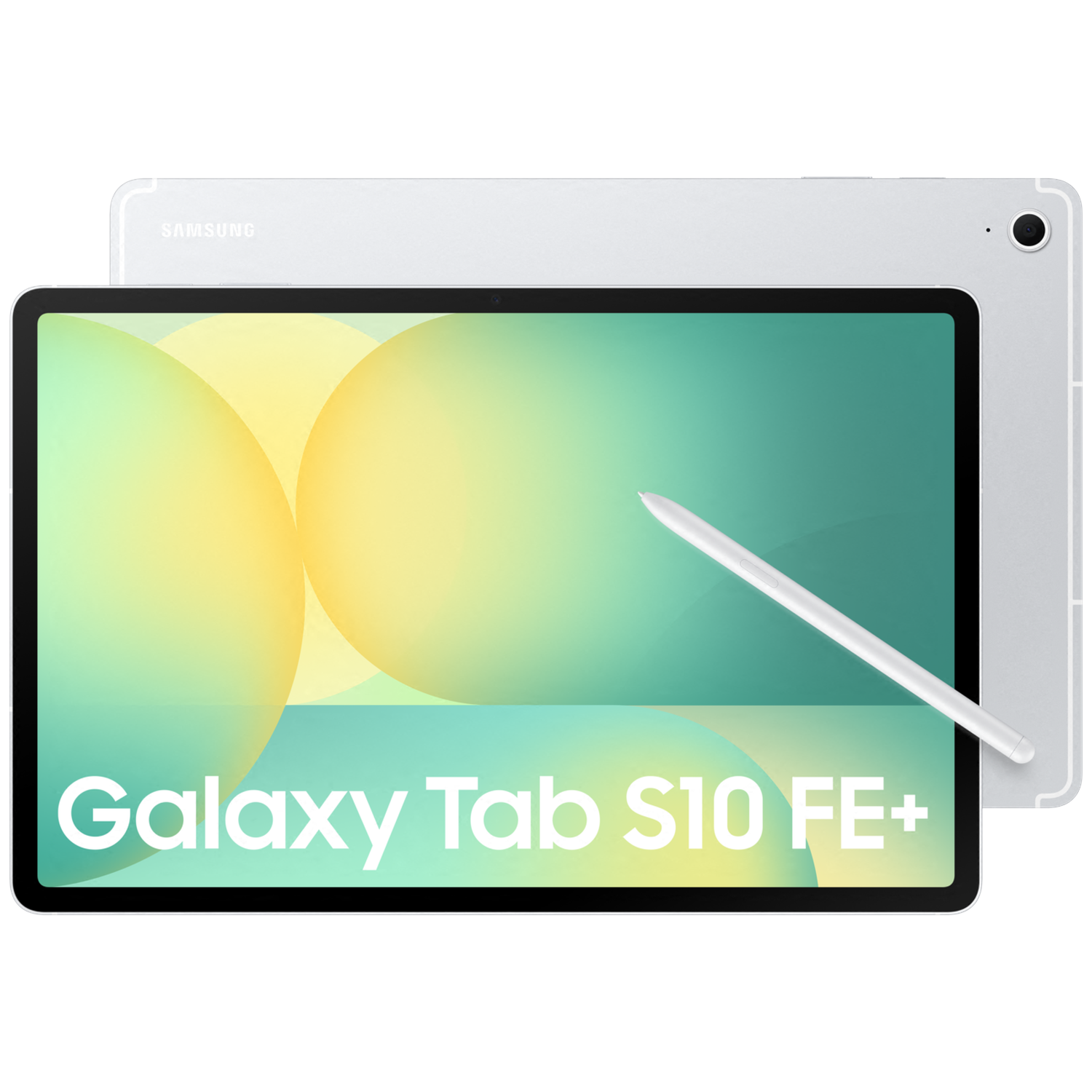Samsung Galaxy Tab S10 FE+ argenté avec stylet sur fond dégradé.