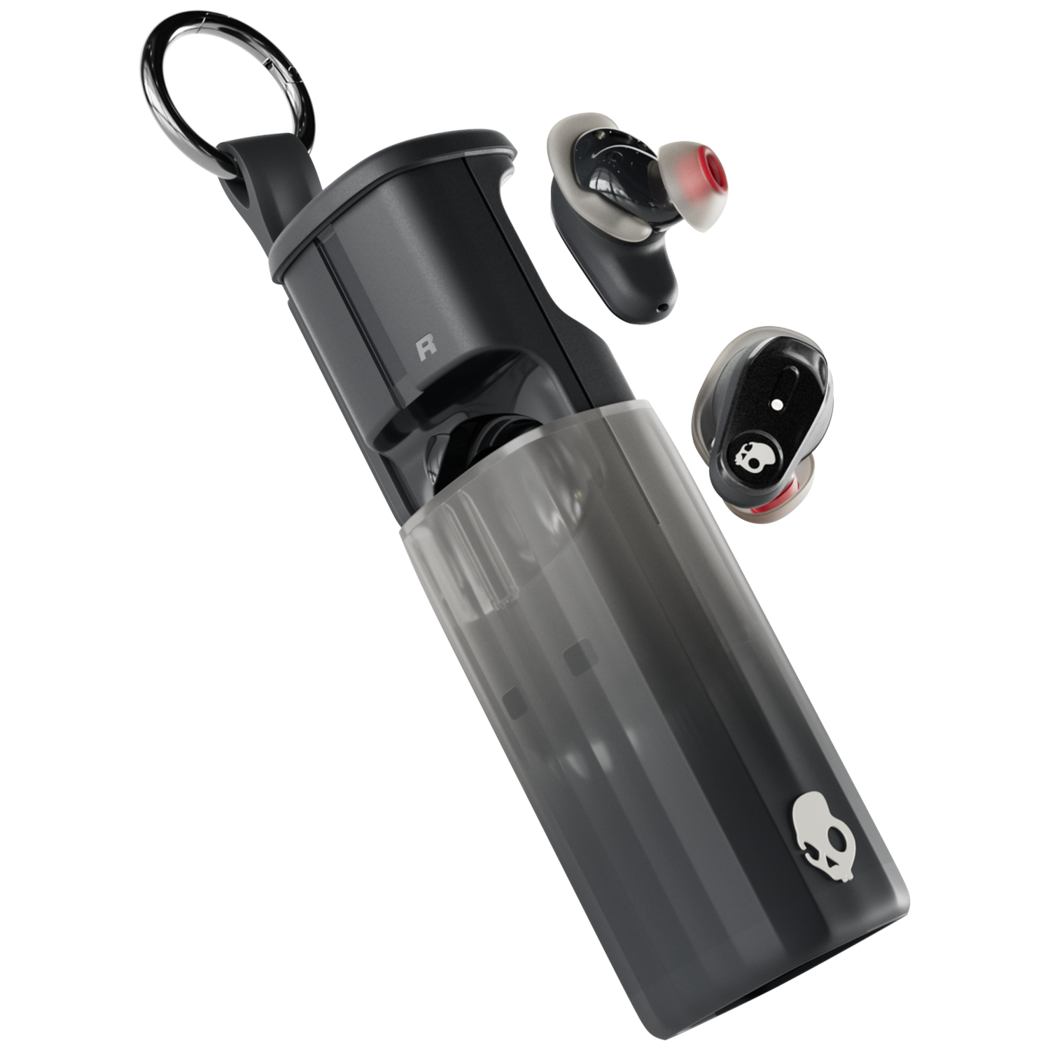 Black charging case with two wireless earbuds and a keychain ring.