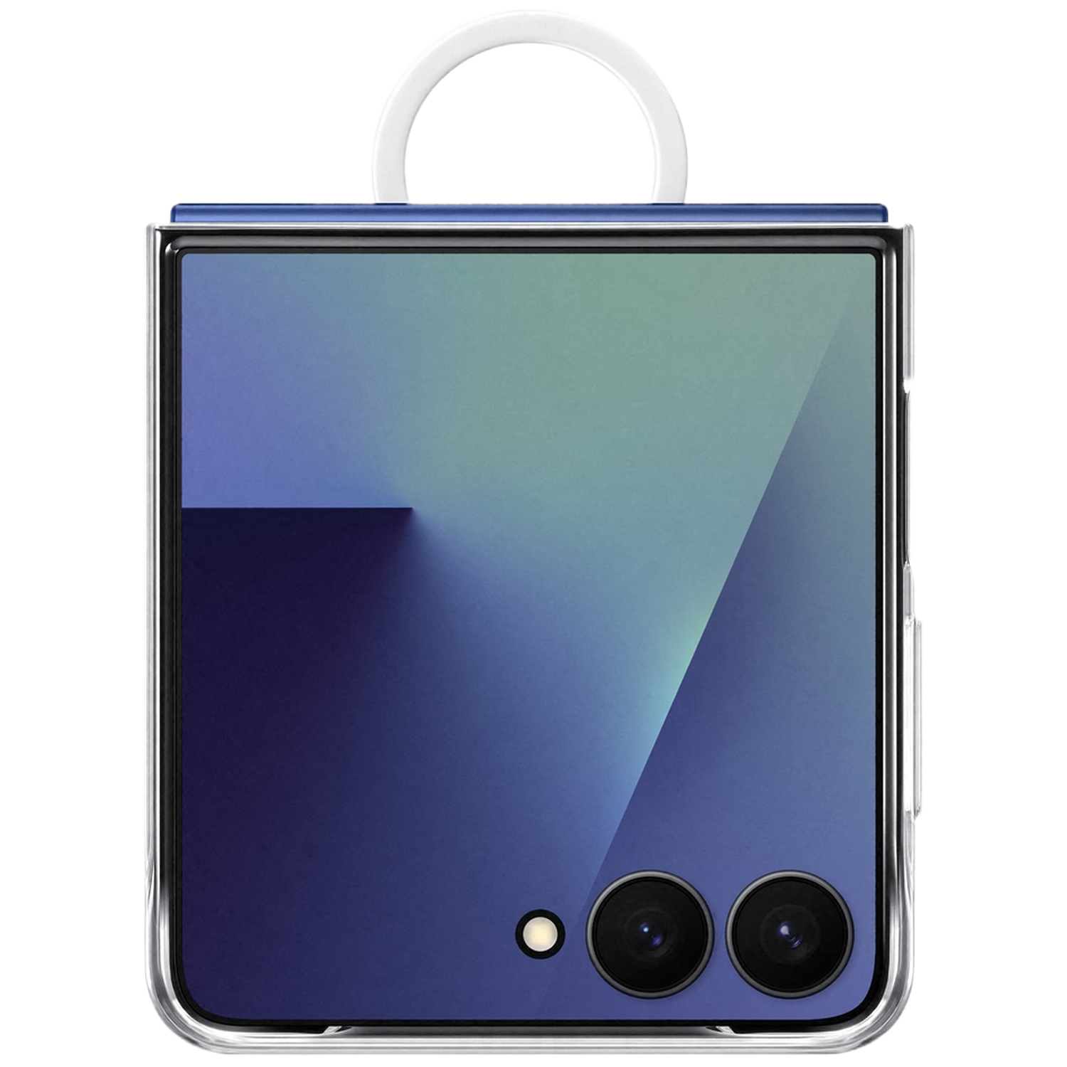 Een gesloten blauwe smartphone met een witte ringhandgreep, op zwarte achtergrond.