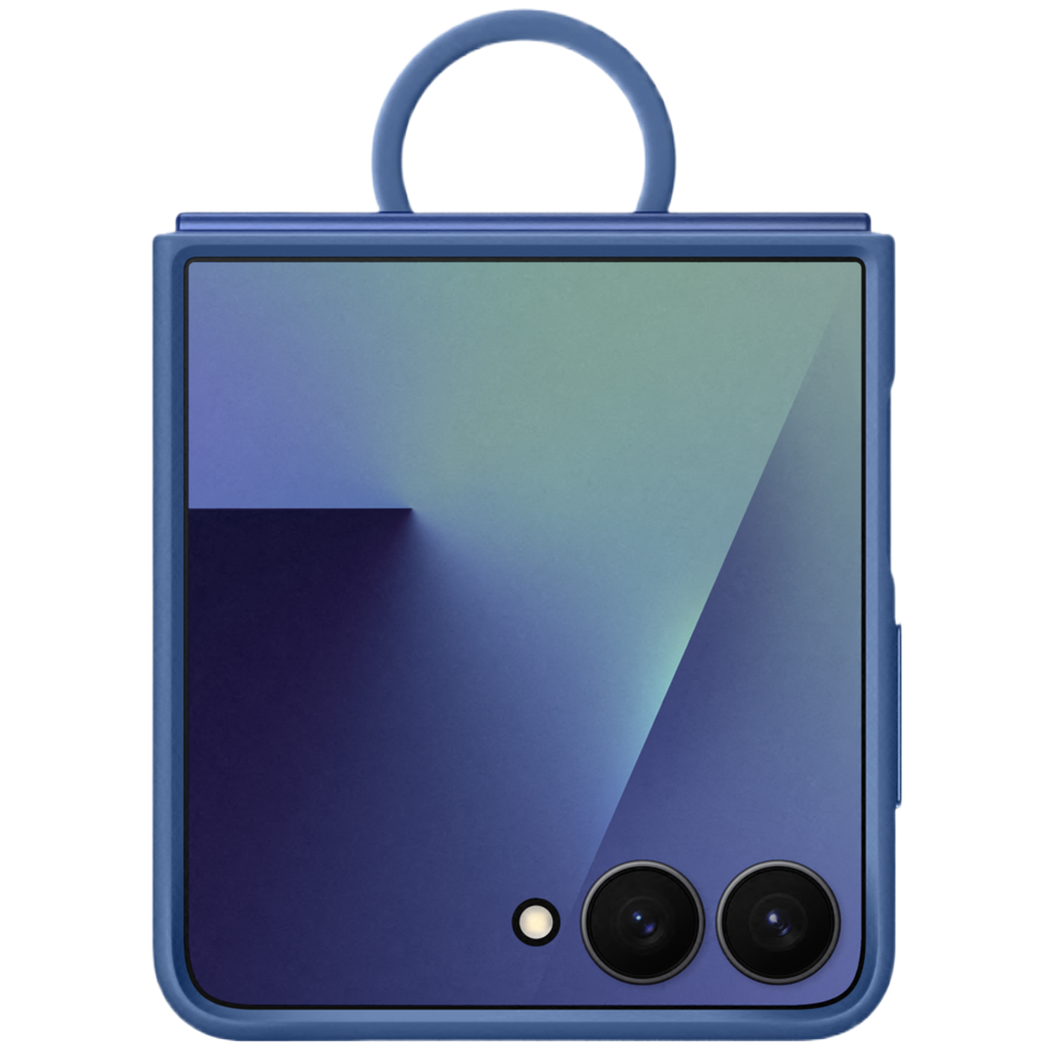 A closed blue flip phone with a ring charm and two cameras.