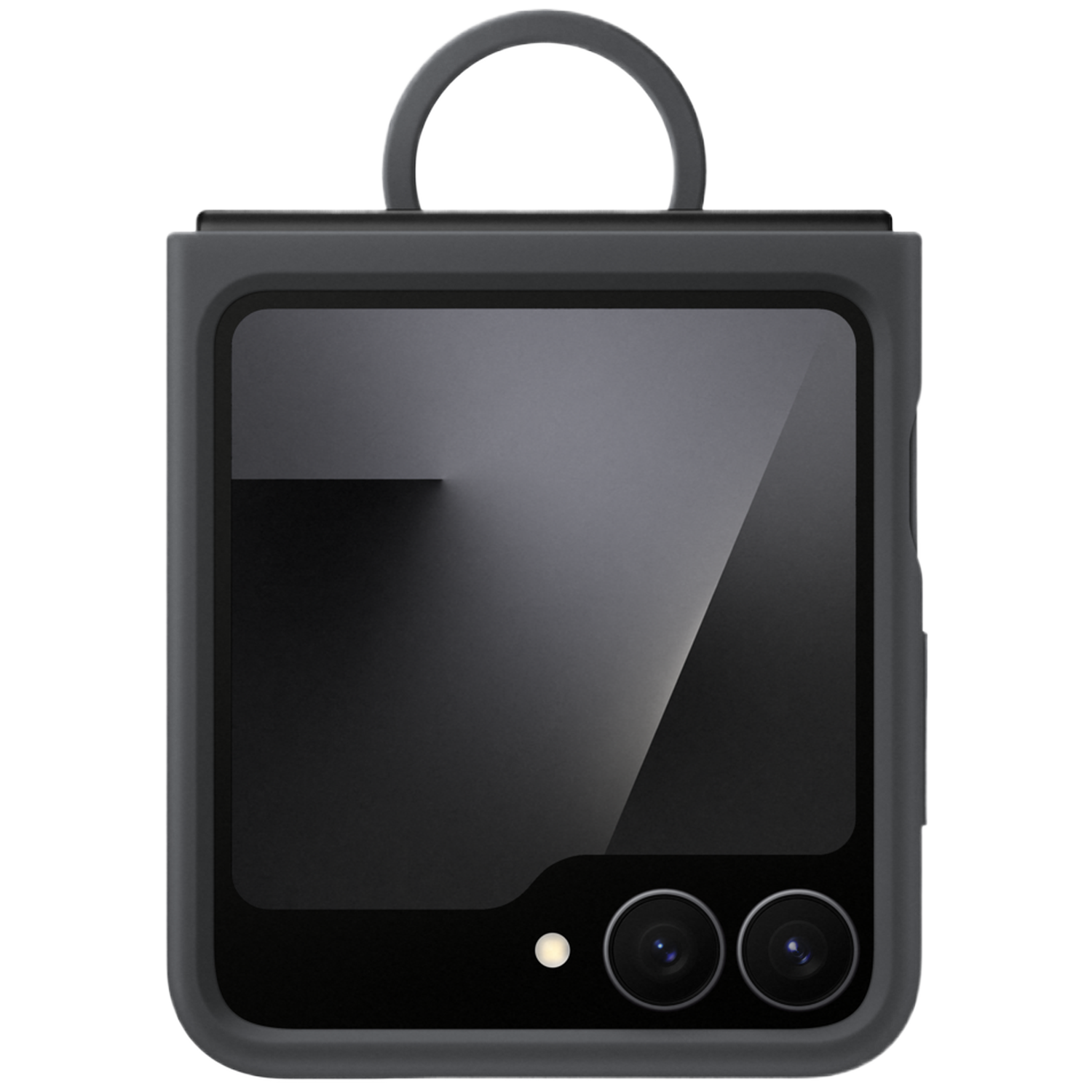 A dark gray phone case with a loop on top and two camera lenses at the bottom.