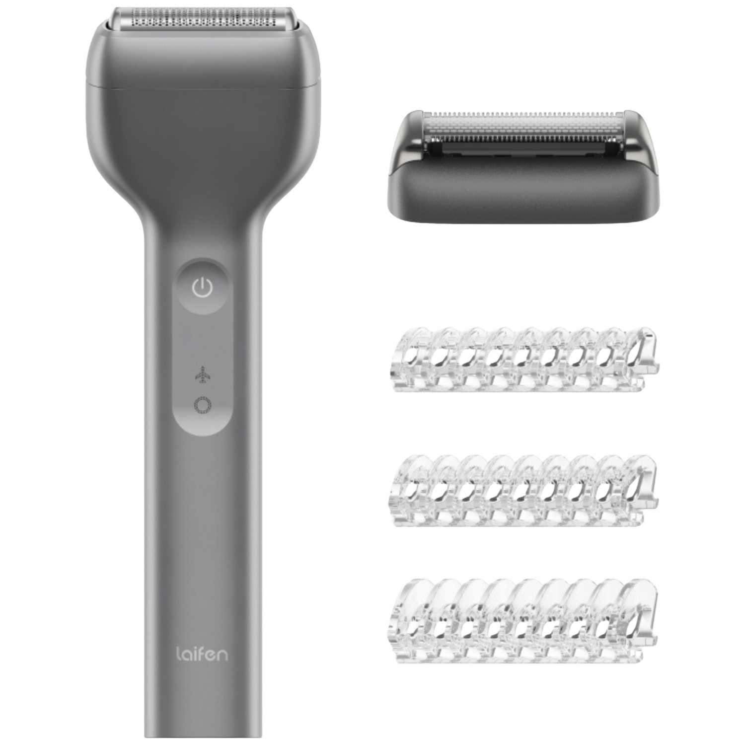 Un rasoir gris avec accessoires : une tête de rasage et trois sabots.