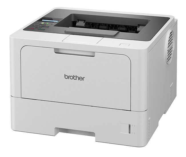 Biała drukarka laserowa Brother z wysuwaną szufladą na papier.