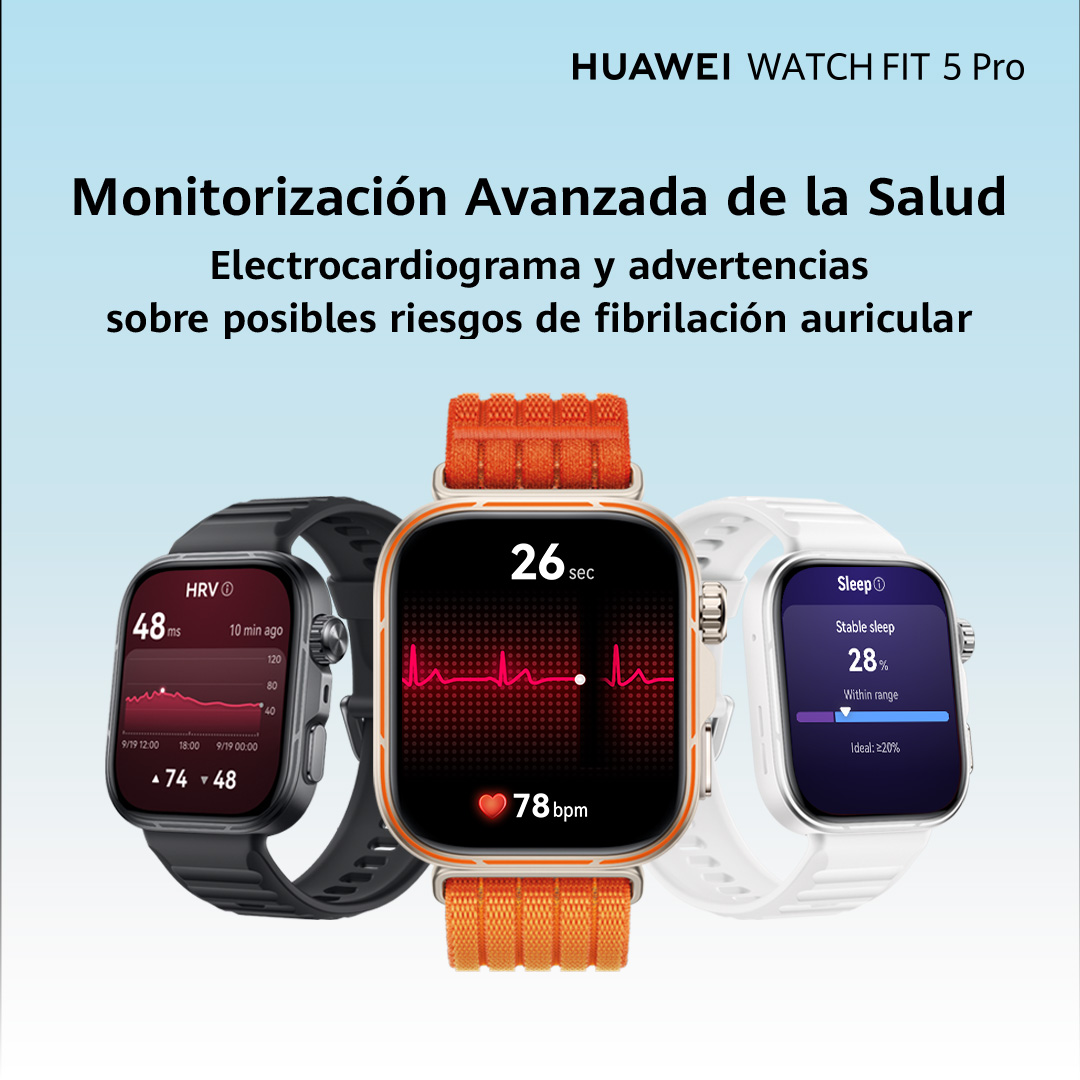 Tres relojes inteligentes Huawei muestran datos de salud: EKG, FC y sueño.