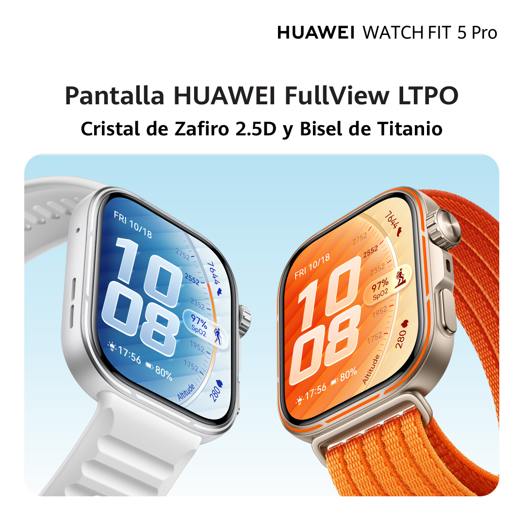 Dos relojes Huawei Watch Fit 5 Pro uno al lado del otro. Uno blanco, uno naranja.