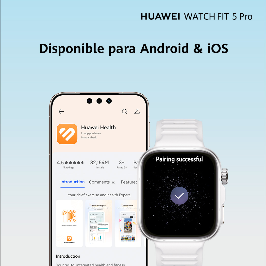 Huawei Watch Fit 5 Pro mostrando la app Salud y emparejamiento exitoso.