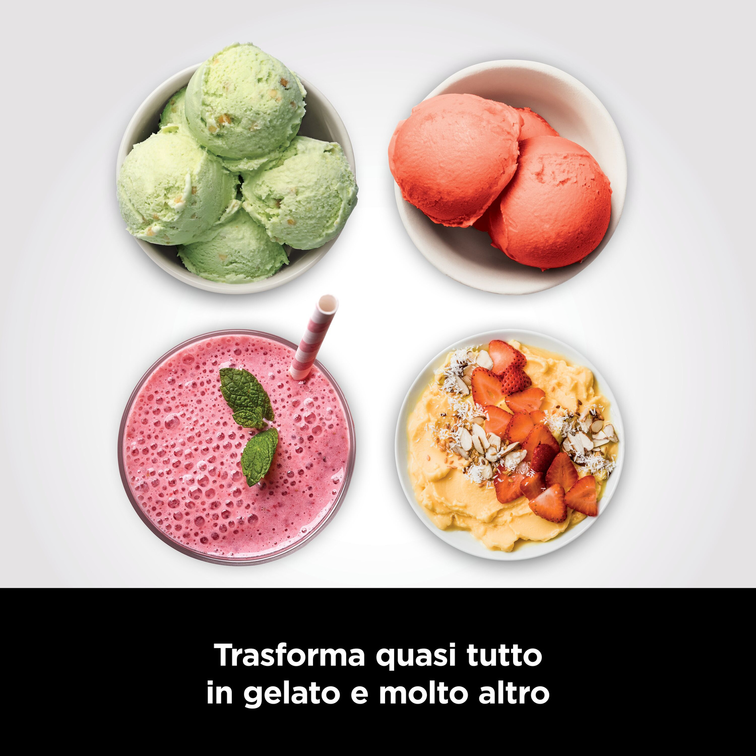 Quattro ciotole con gelato, un frullato e un dessert con fragole.