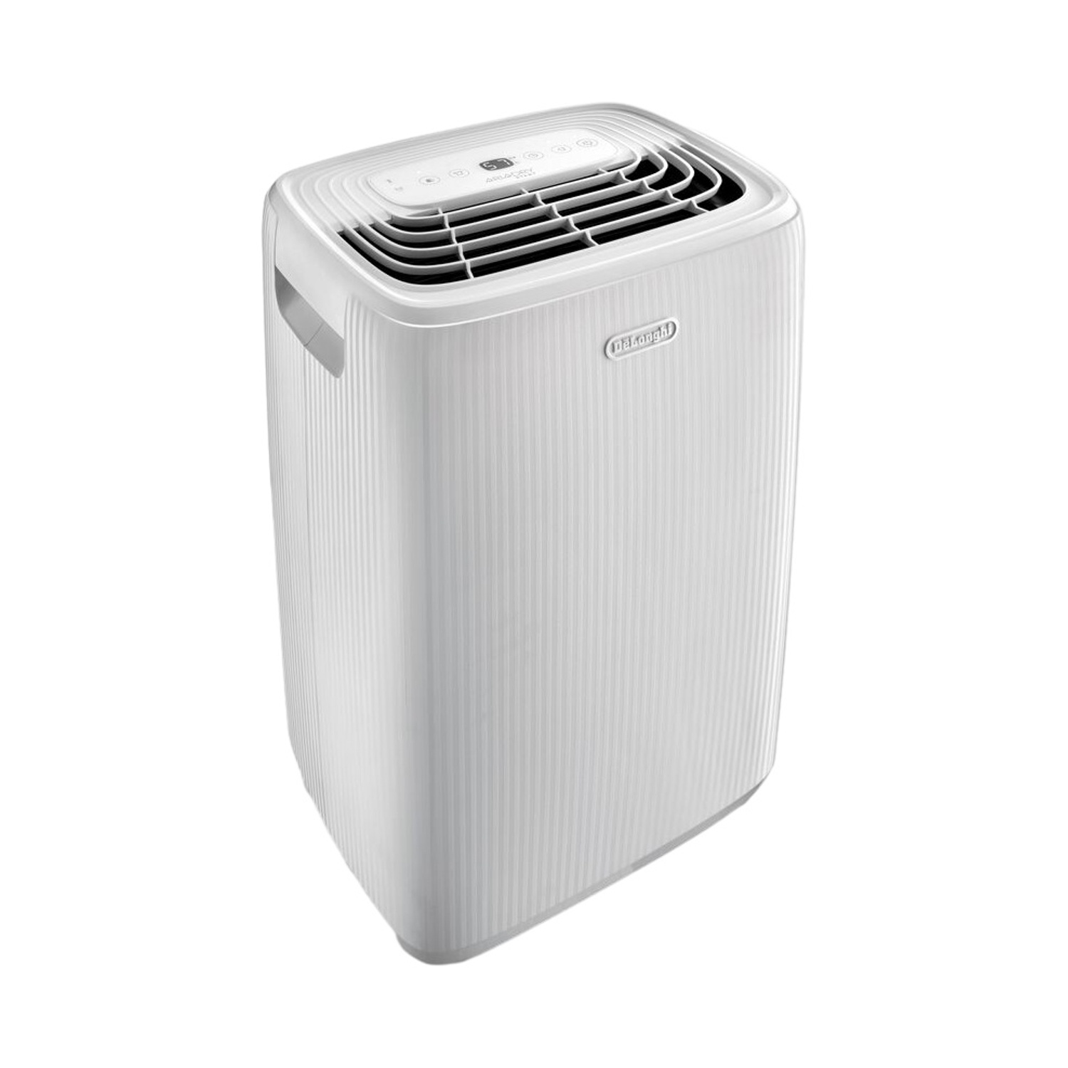 Un deumidificatore bianco DeLonghi con pannello di controllo e fessure di ventilazione.