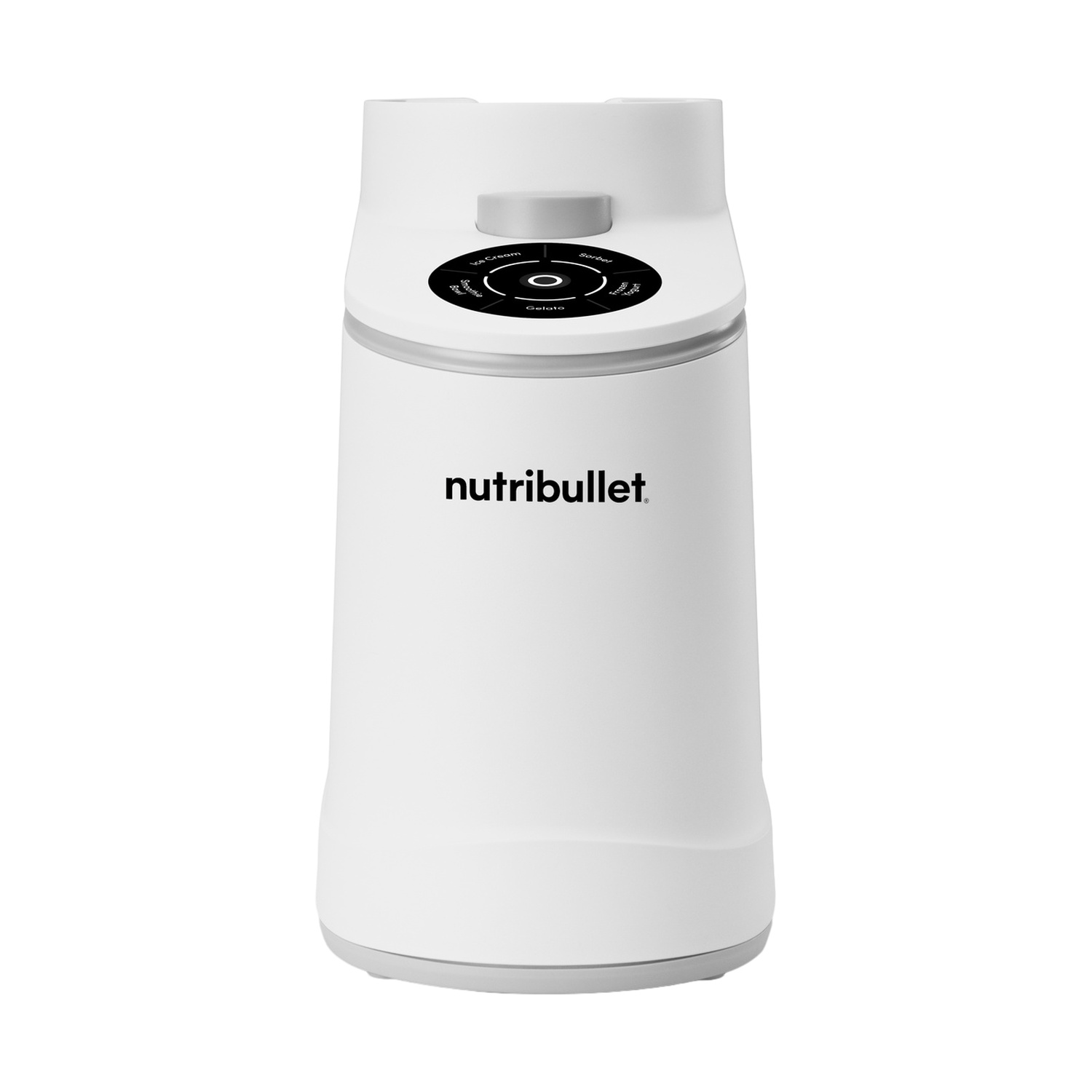 Un frullatore Nutribullet bianco con pannello di controllo che mostra le selezioni.