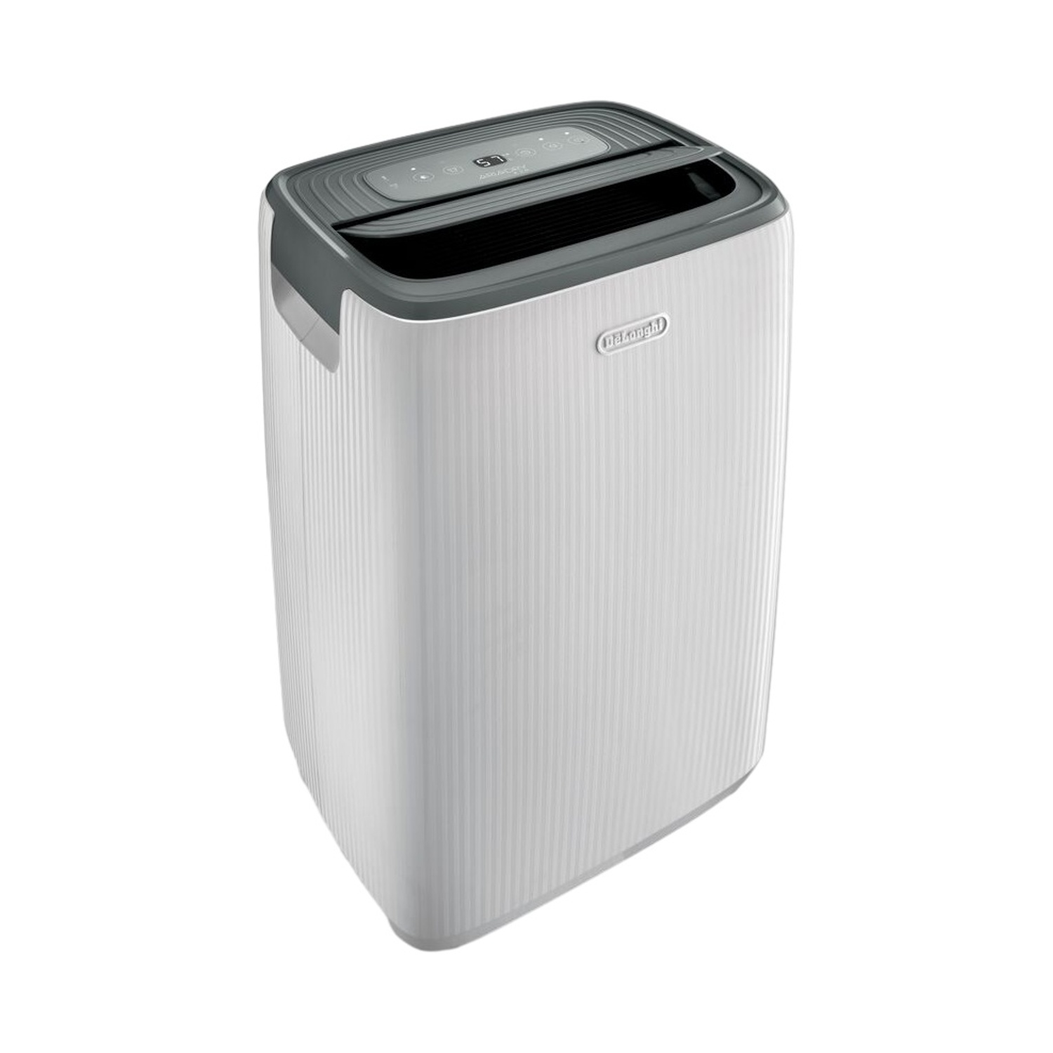 Un deumidificatore bianco con parte superiore grigia e logo DeLonghi.