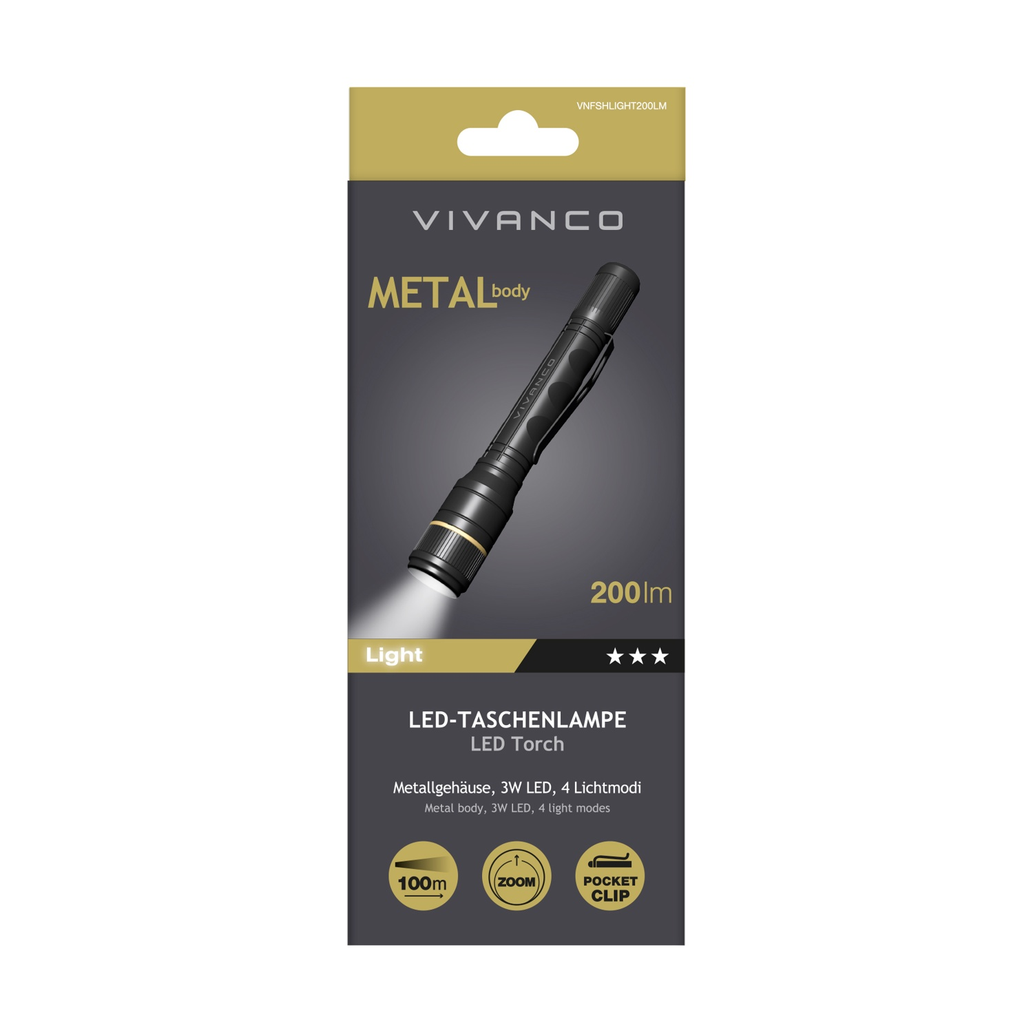 Confezione torcia LED Vivanco in metallo, 200lm di potenza luminosa.