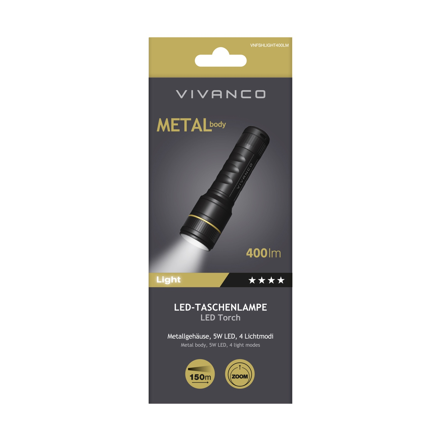 Confezione torcia LED Vivanco con corpo in metallo, 400lm.