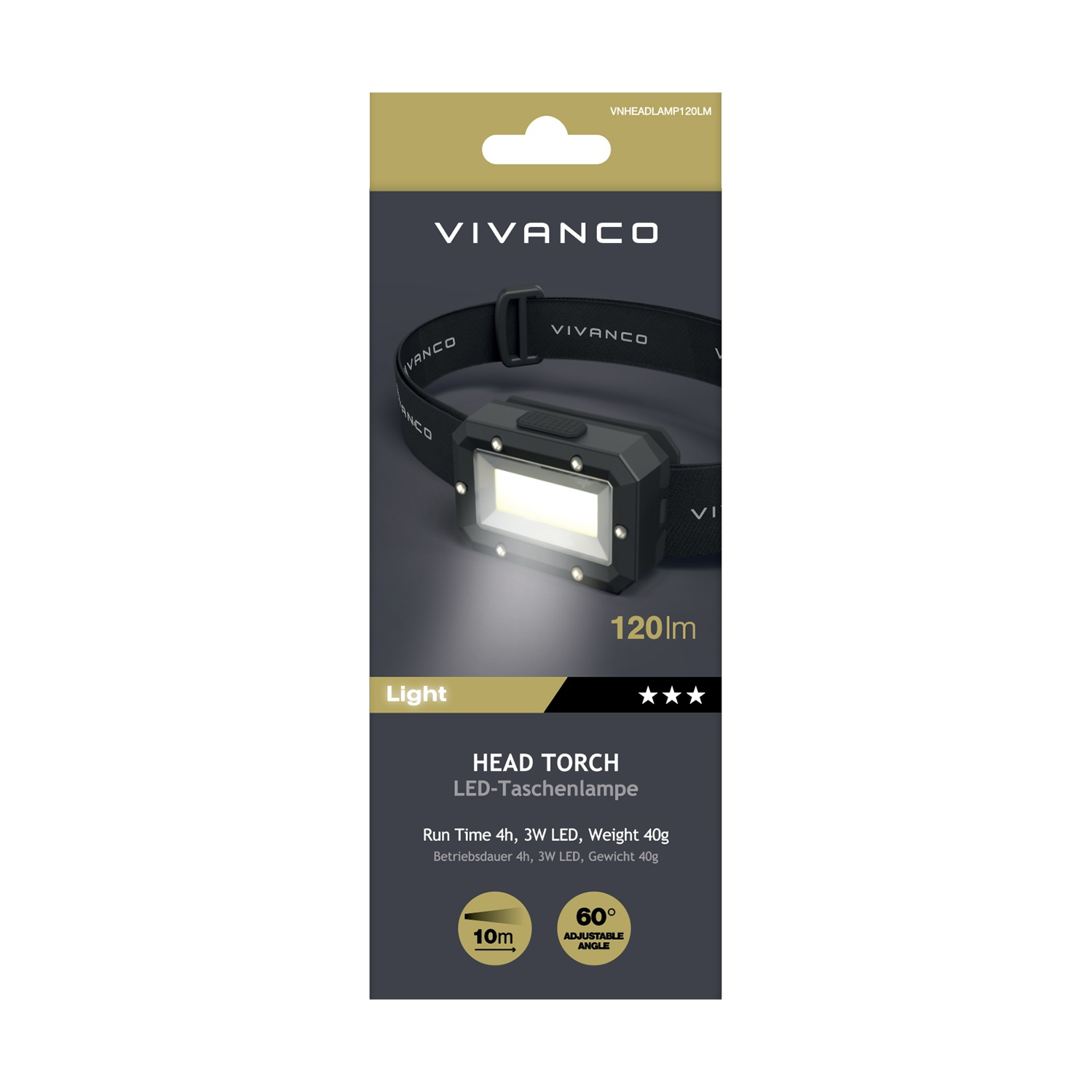 Confezione torcia frontale Vivanco con cinturino nero e luce LED brillante, 120lm.