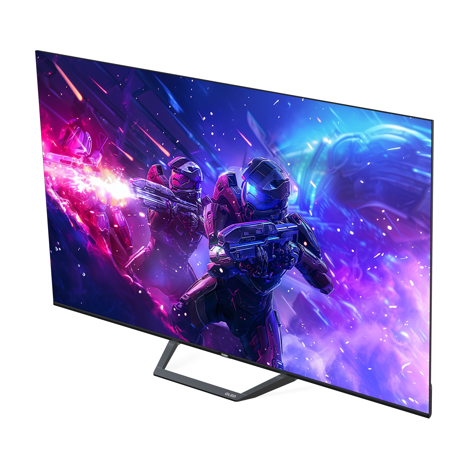 Un televisore mostra un videogioco con due figure corazzate che sparano su sfondo blu-viola.
