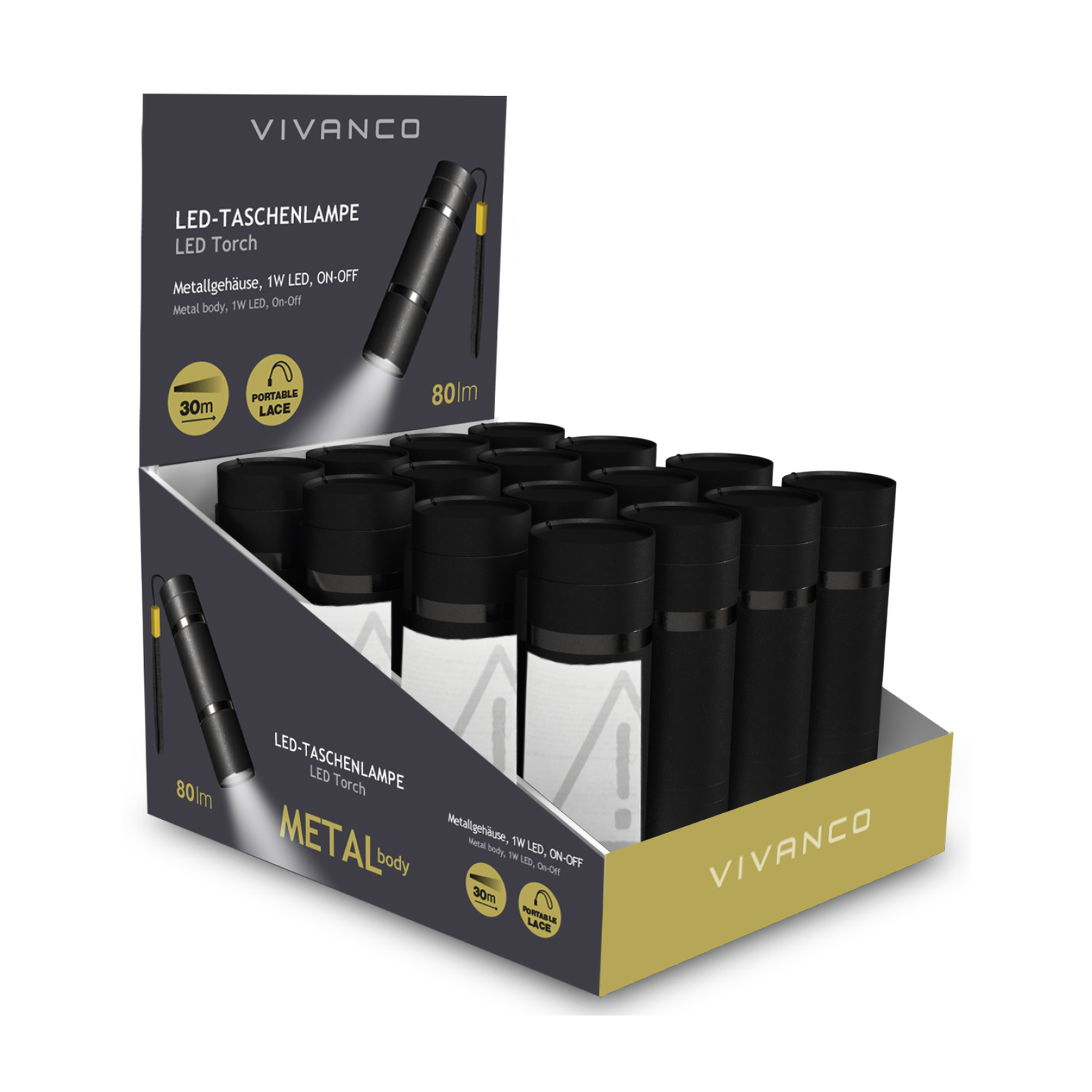 Torce LED VIVANCO in espositore, corpo metallo, 80lm, portata 30m.