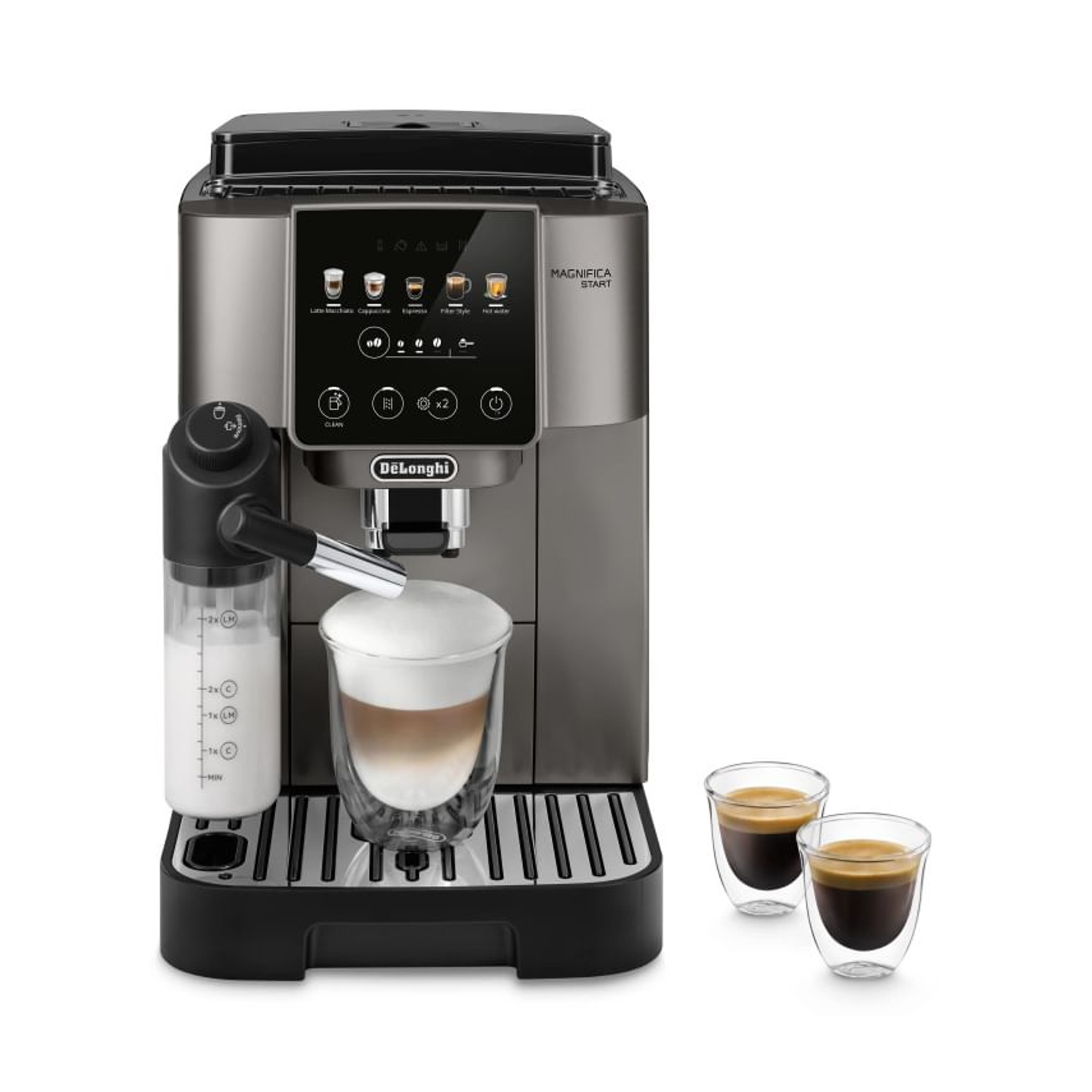Macchina da caffè DeLonghi argentata con caraffa per latte e due tazzine.