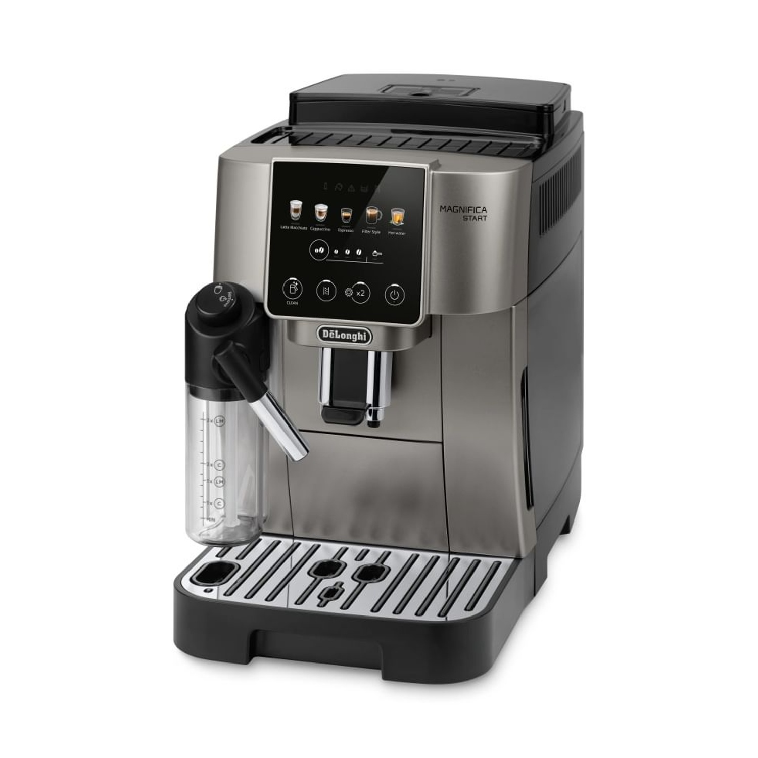 Macchina da caffè DeLonghi Magnifica argentata con caraffa per il latte e display touchscreen.