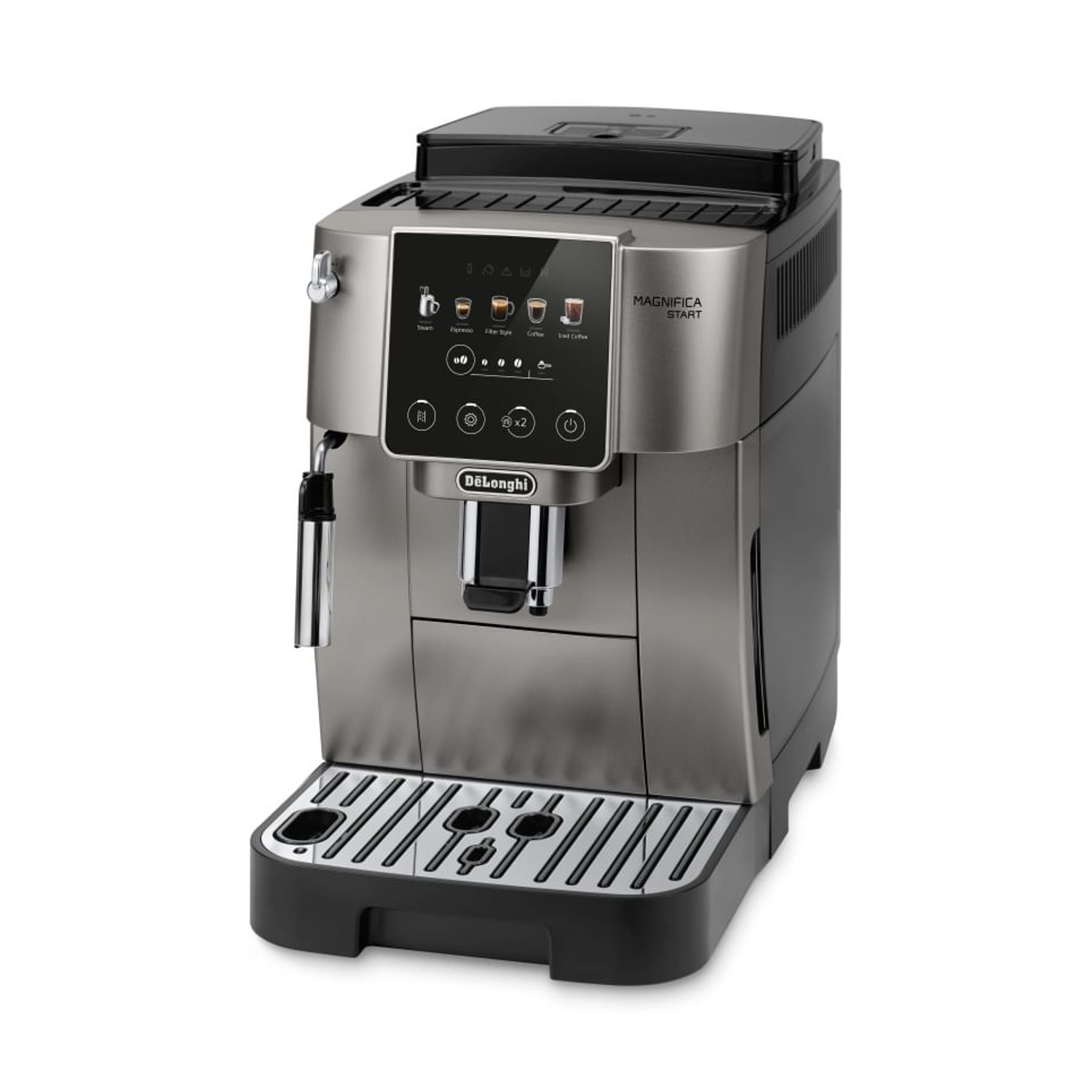 Una macchina da caffè DeLonghi argento e nero con pannello di controllo touch.
