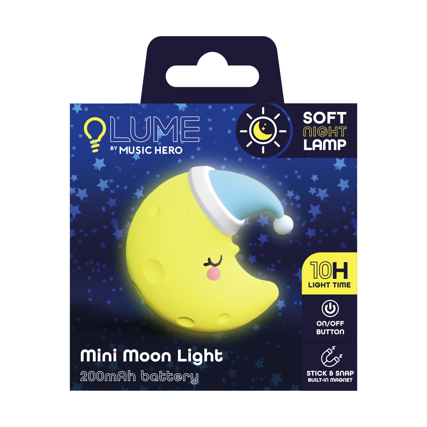 Luce luna gialla con cappello blu su confezione cielo stellato.
