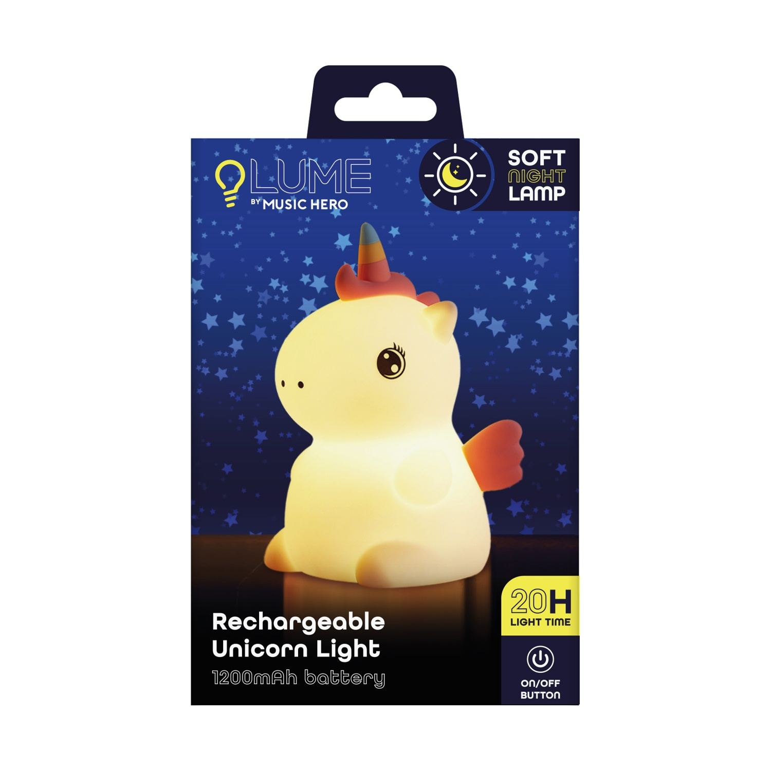 Una luce notturna unicorno luminosa e ricaricabile sulla sua confezione.