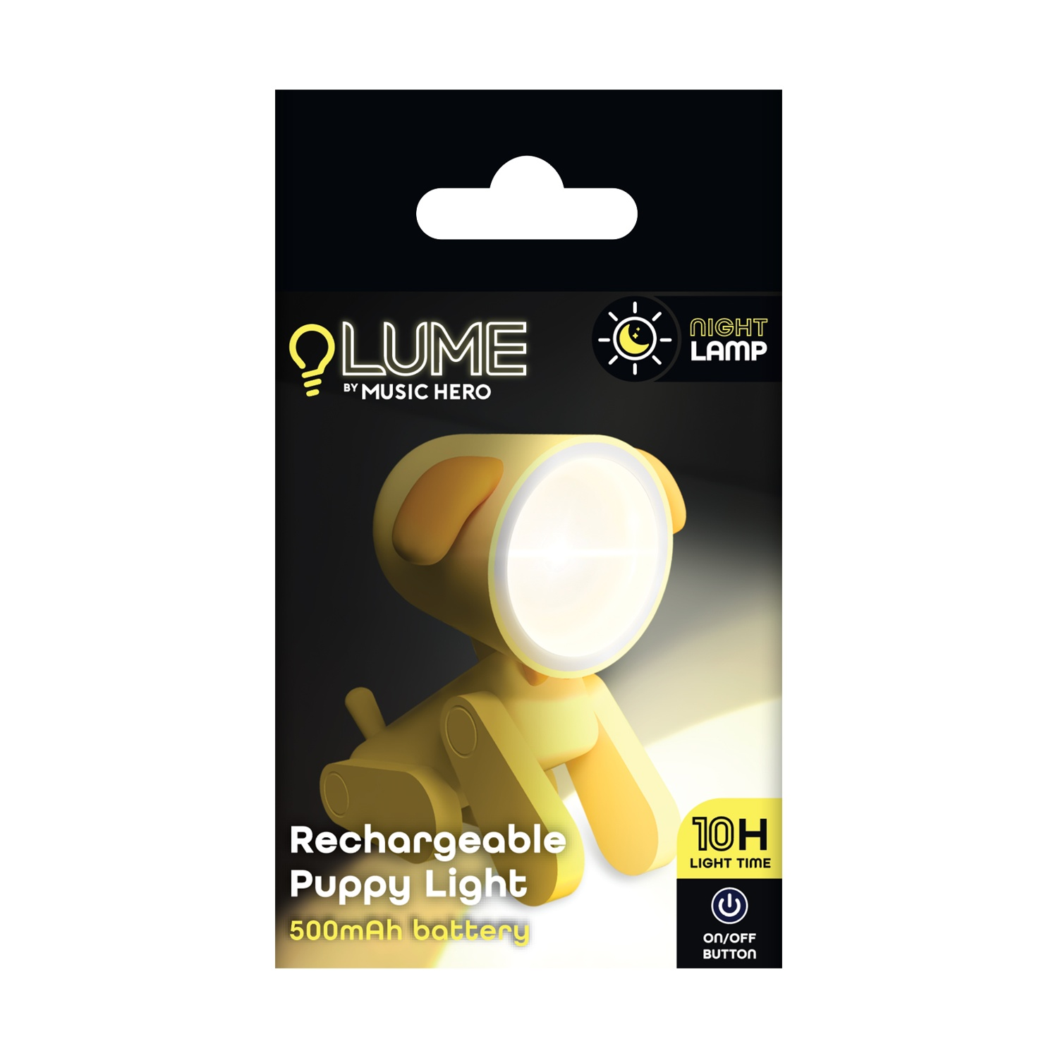 Luce notturna gialla a forma di cucciolo, batteria 500mAh, 10 ore luce.