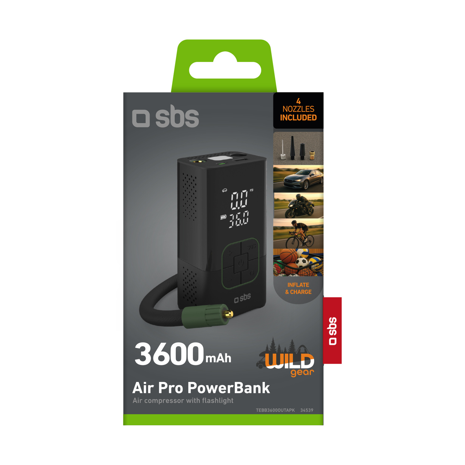 SBS Air Pro PowerBank: compressore portatile con 3600mAh, torcia, 4 ugelli.