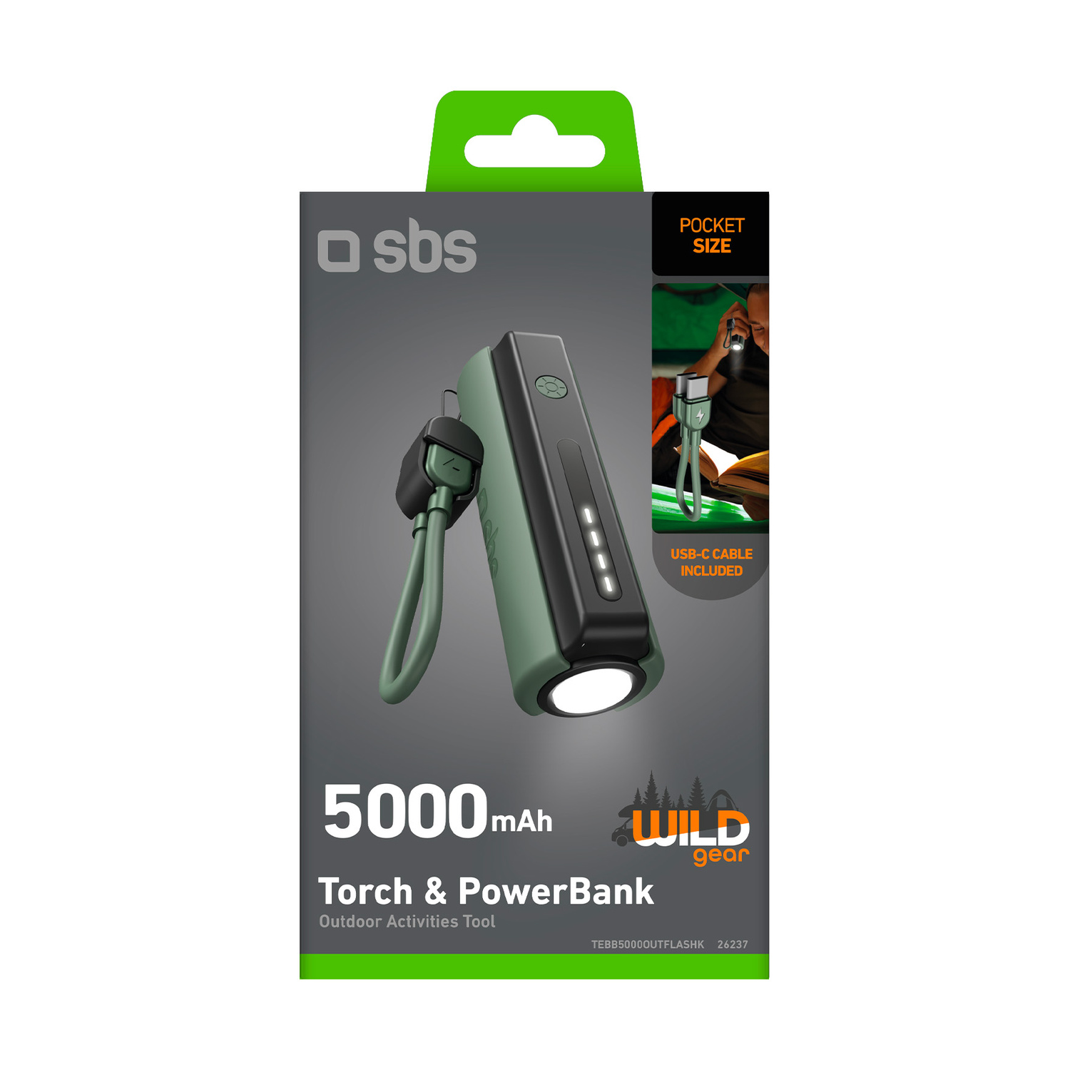 Confezione di torcia e power bank SBS verde da 5000 mAh con cavo USB-C.