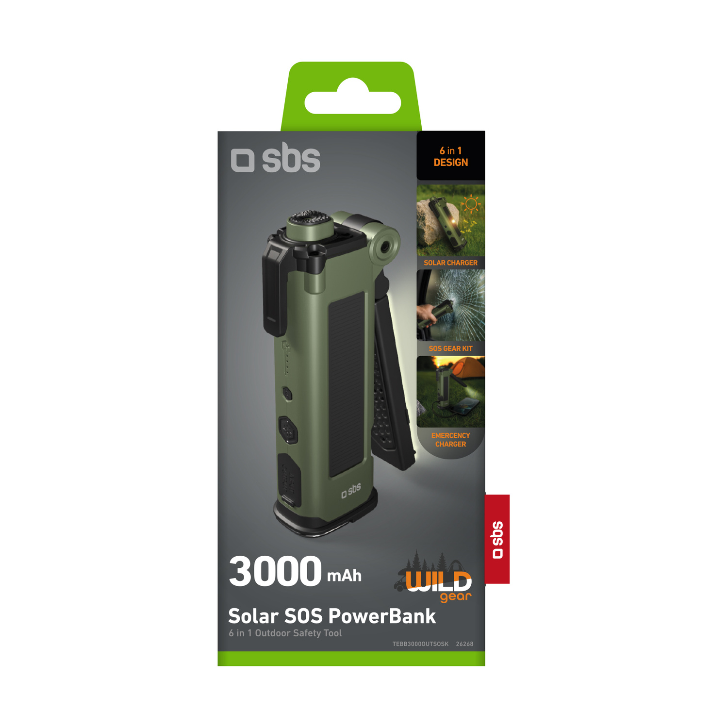Powerbank verde da 3000 mAh con funzione SOS solare, design 6 in 1.