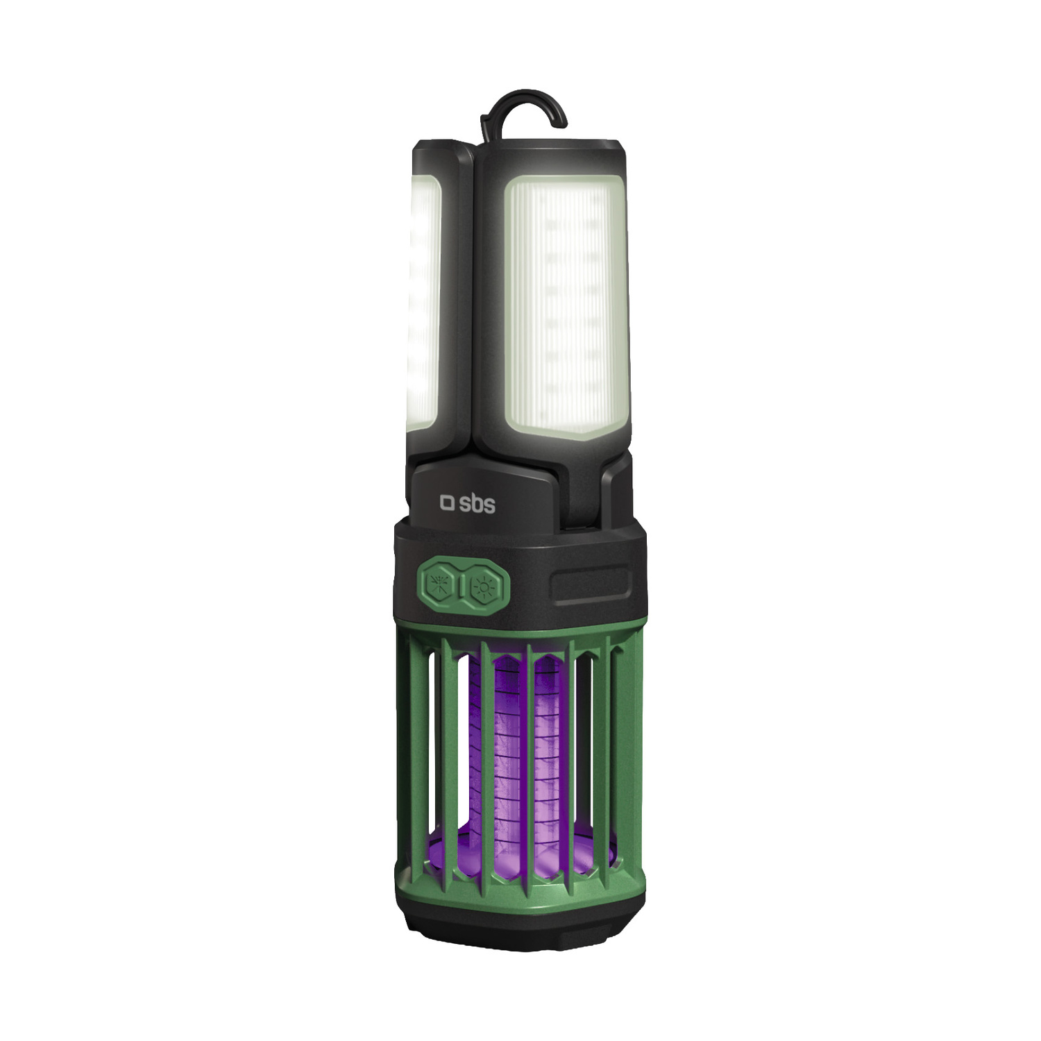 Una luce portatile con due pannelli LED luminosi e una gabbia verde per zanzare.